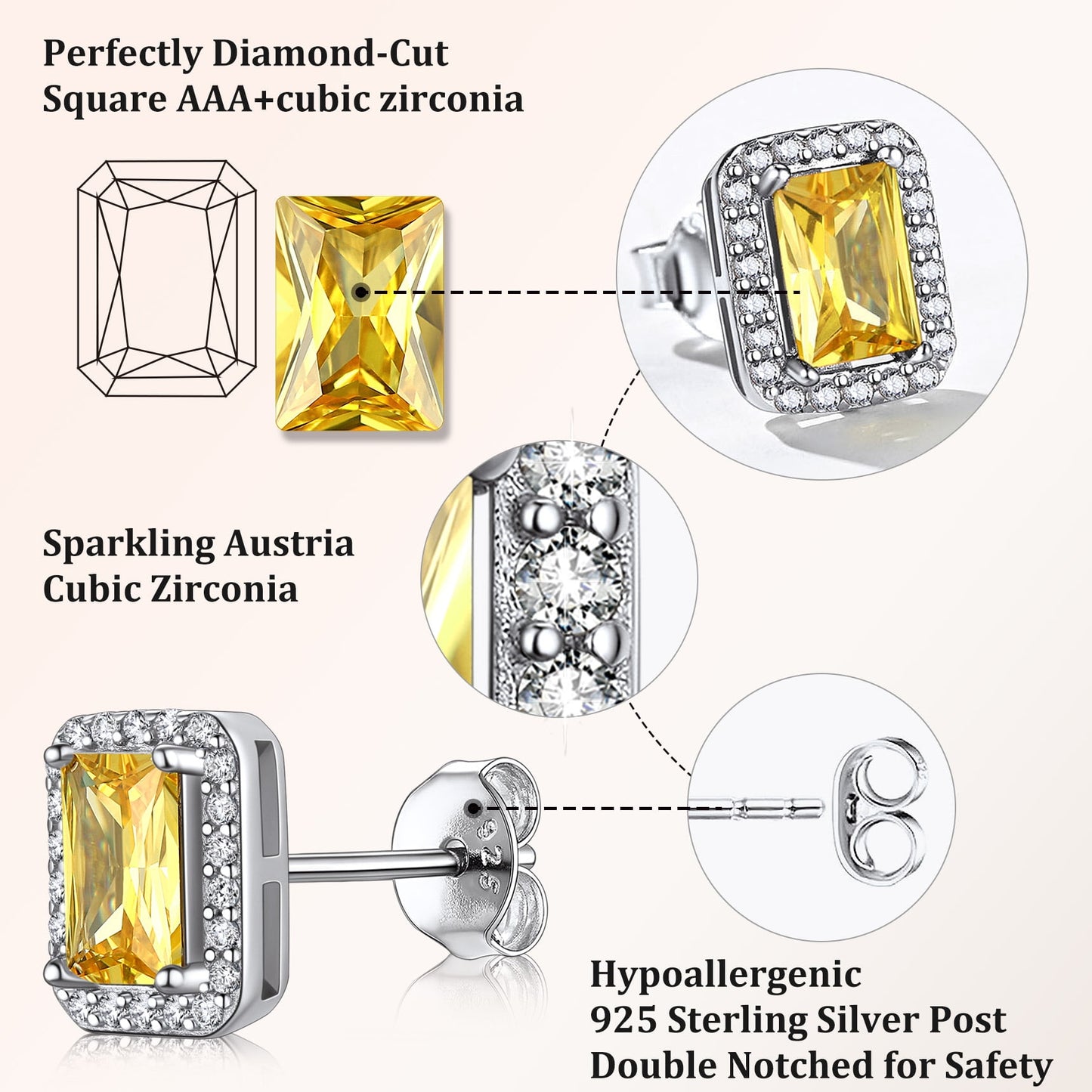 Square Diamond Stud Earrings November Citrine Birthstone Earrings, Sterling Silver Earrings Birthday Jewelry Gift for Women