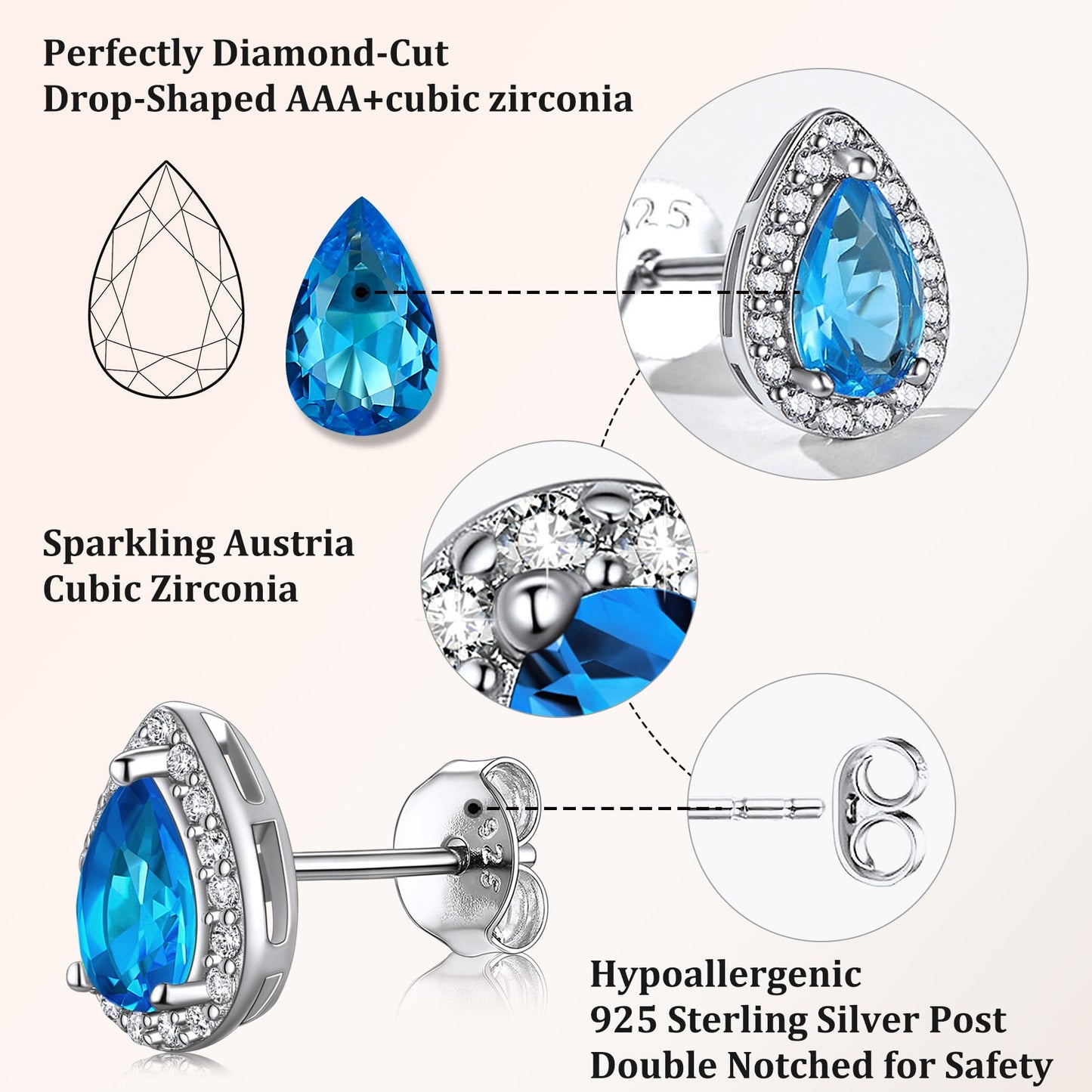 925 Sterling Silver Birthstone Stud Earrings for Women, Sparking December Teardrop Cut Diamond Earrings for Sensitive Ears