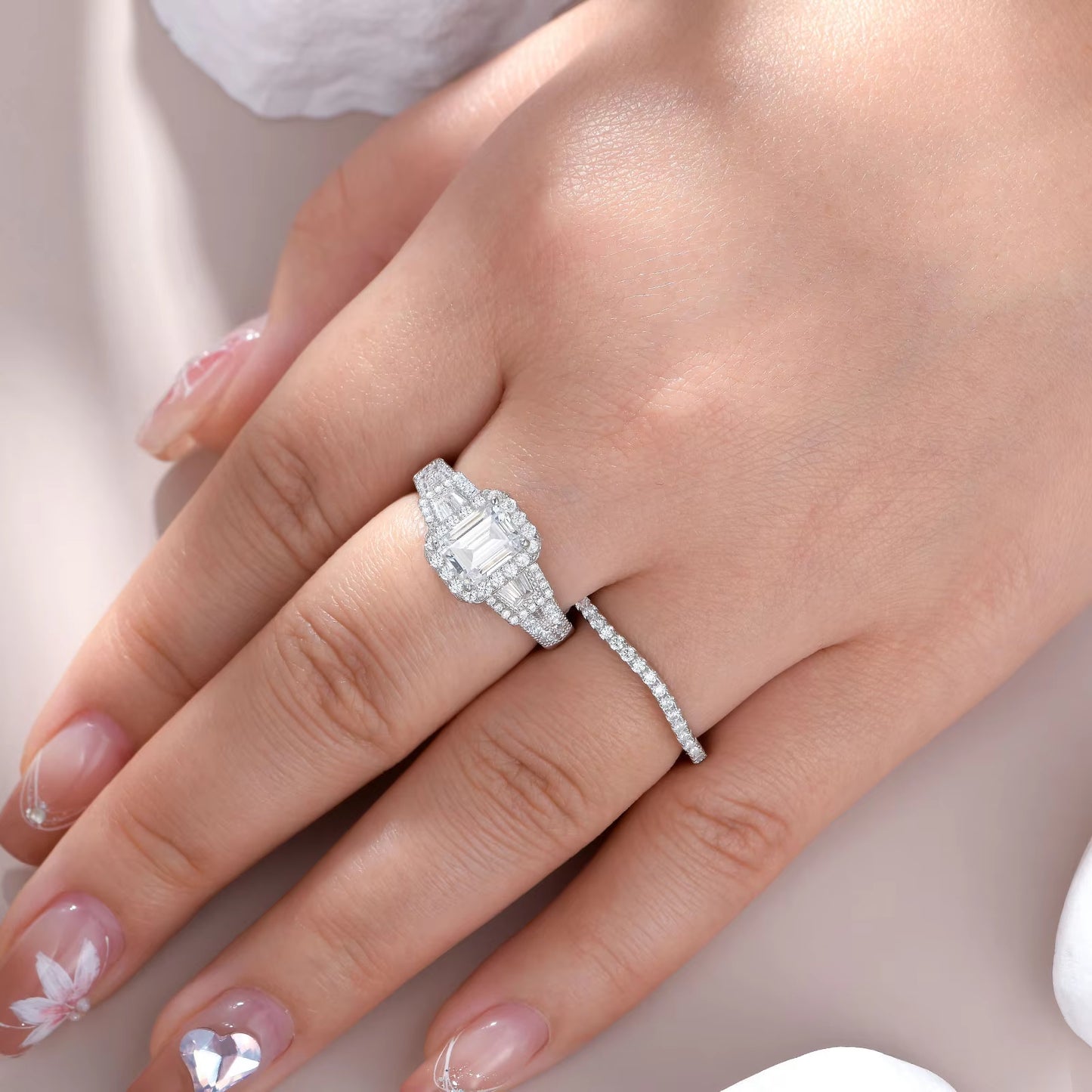 2Pcs Wedding Rings for Women 925 Sterling Silver Halo AAAAA Cubic Zircon Emerald Cut Engagement Ring Bridal Set