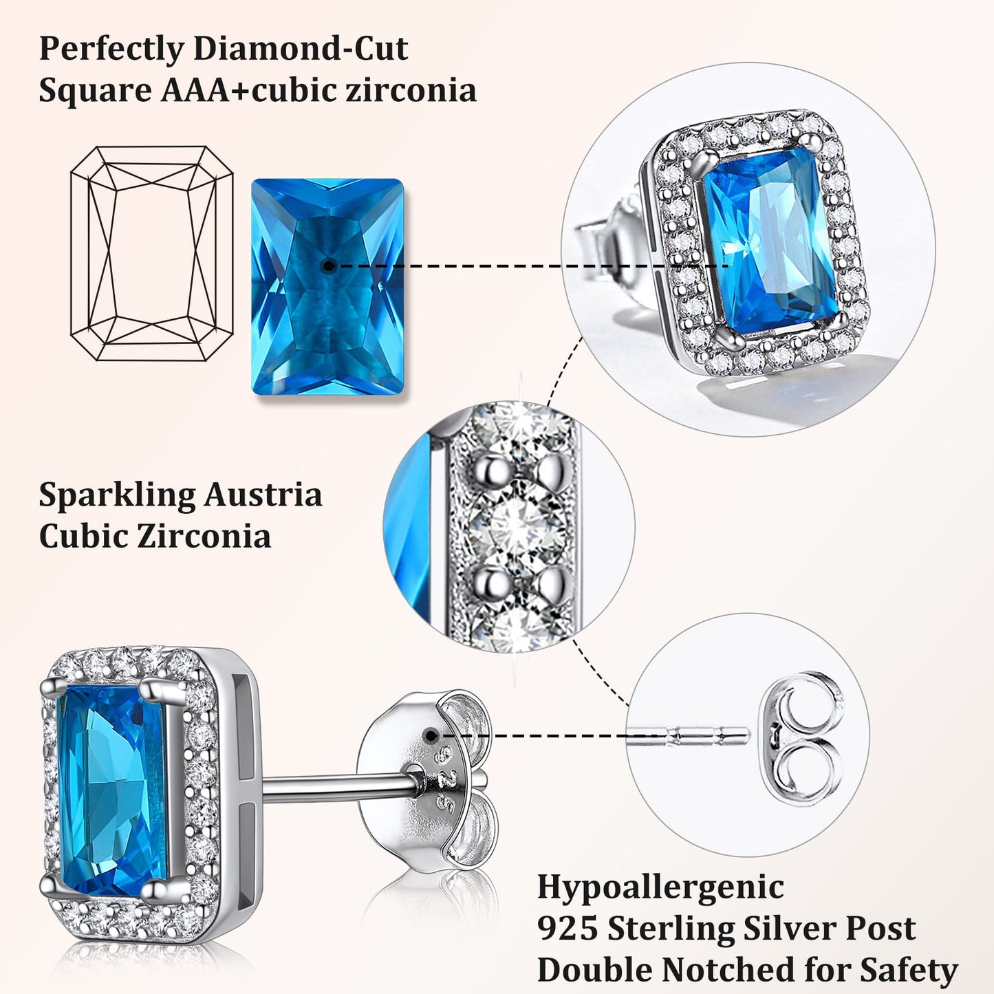 Square Diamond Stud Earrings December Turquoise Birthstone Earrings, Sterling Silver Earrings Birthday Jewelry Gift for Women