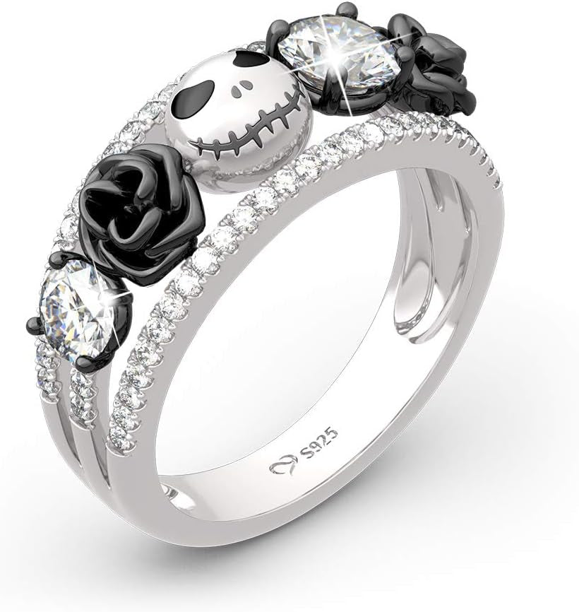 1.76 Ct Skull Wedding Band 925 Sterling Silver Diamond Eternity Rings Rose Flower Engagement Rings Anniversary Promise Romantic Jewelry Gift