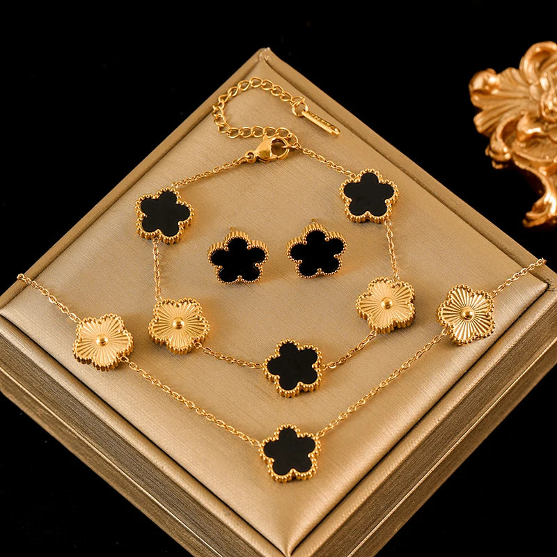 316L Stainless Steel Black Reversible Leaf Clover Necklace Bracelets Earrings Set for Women Fashion Waterproof Jewelry