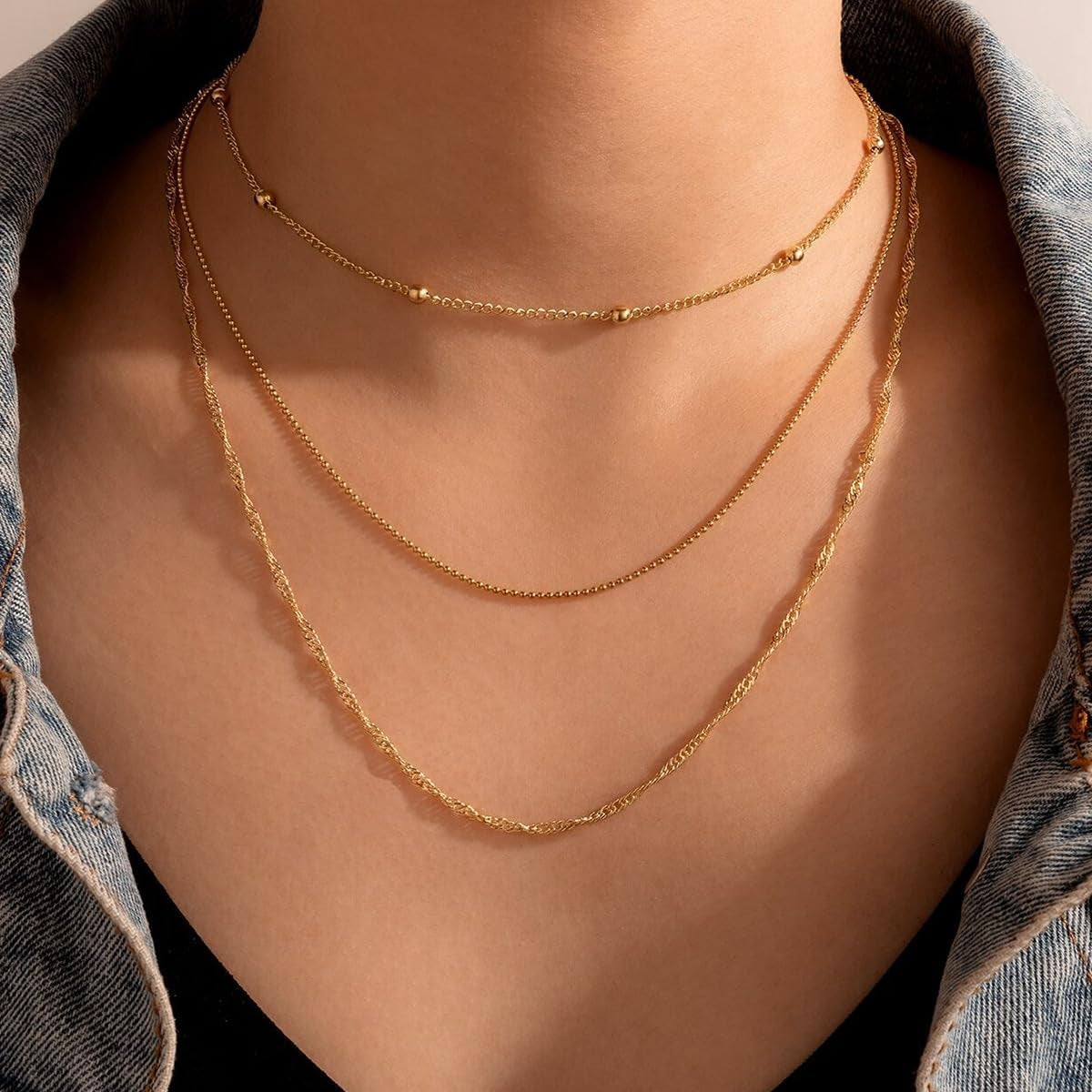 Dainty Gold Necklace for Women, Trendy 14K Gold Plated/Sterling Silver Satellite Choker Necklace Thin Beaded Layered Choker Necklaces Discs Paperclip Chain Necklaces Womens Simple Jewelry Gift