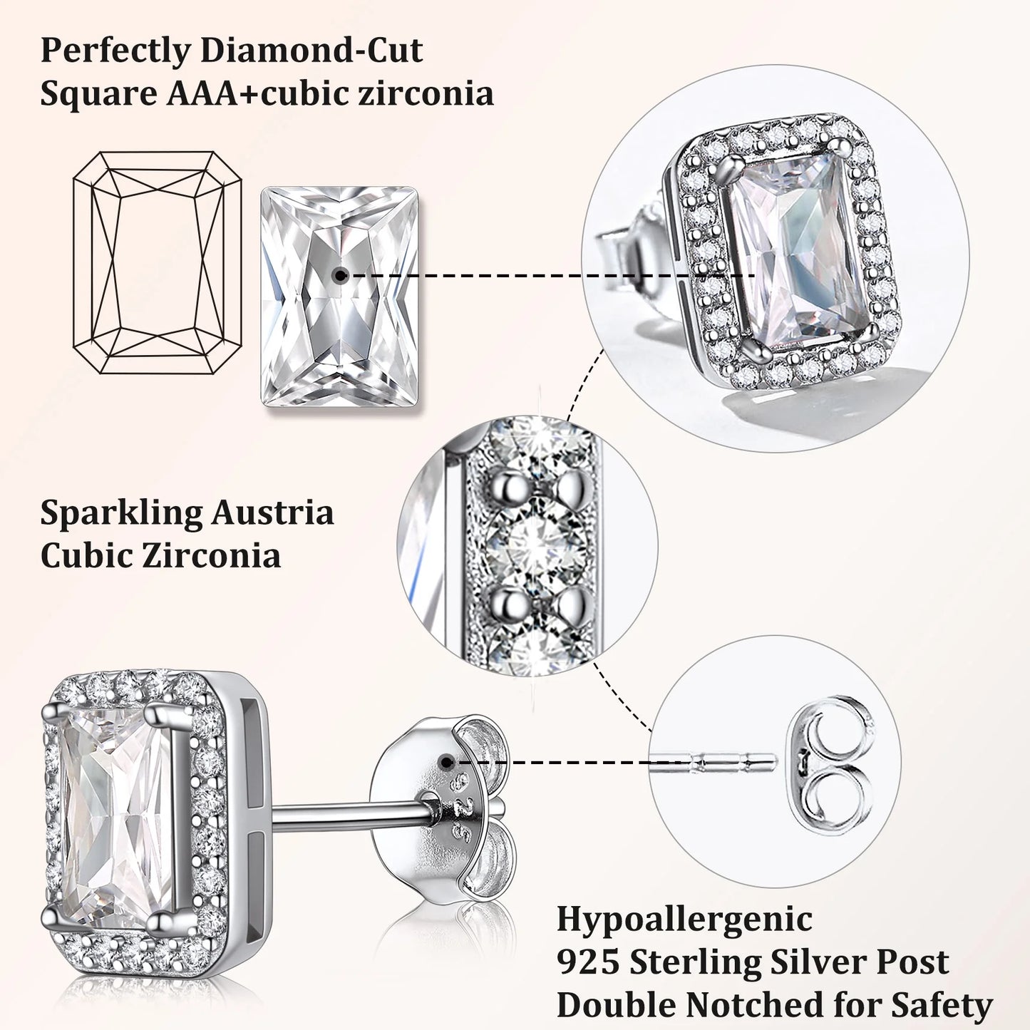 Square Stud Earrings April Diamond Birthstone Earrings, Sterling Silver Earrings Birthday Jewelry Gift for Women