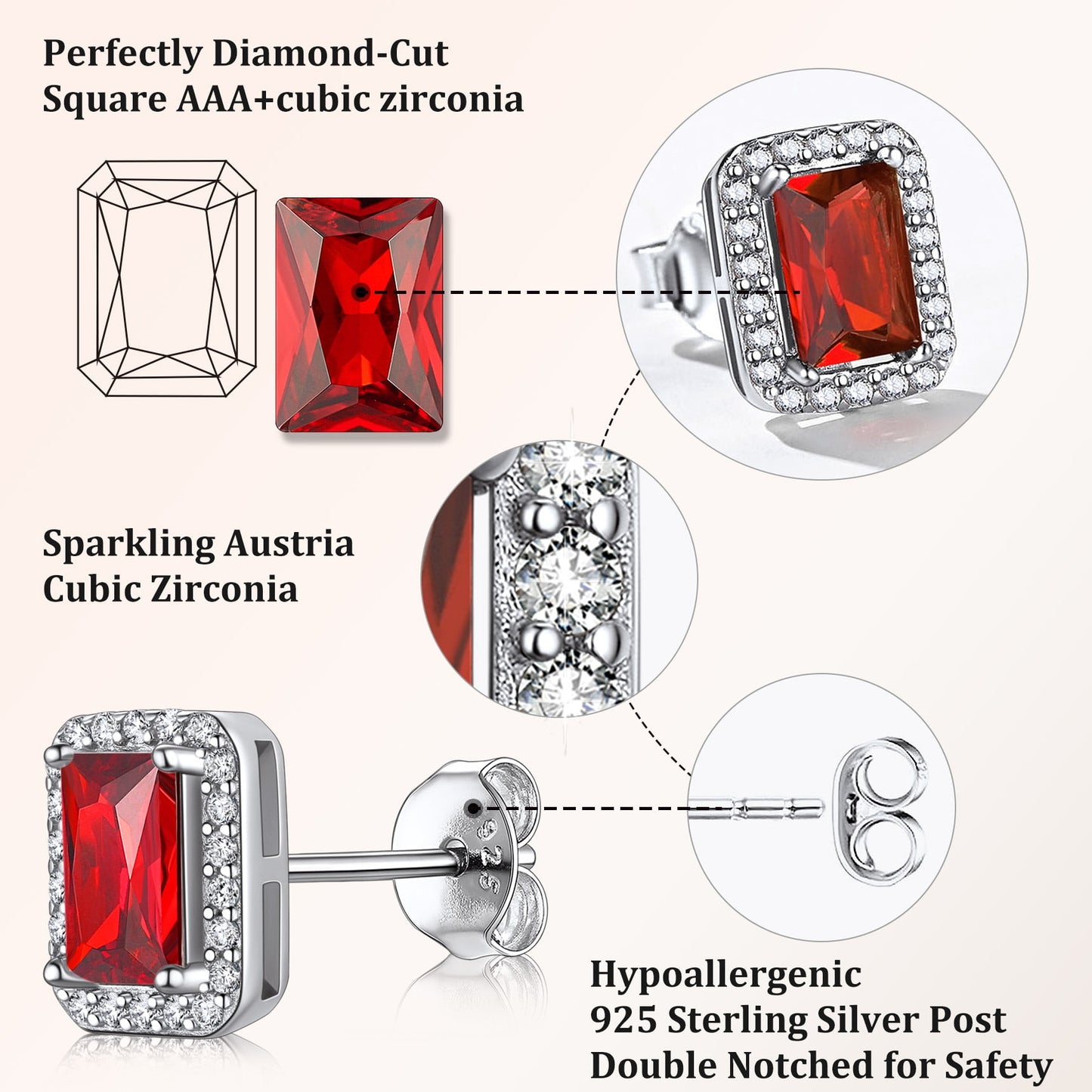 Square Diamond Stud Earrings July Ruby Birthstone Earrings, Sterling Silver Earrings Birthday Jewelry Gift for Women