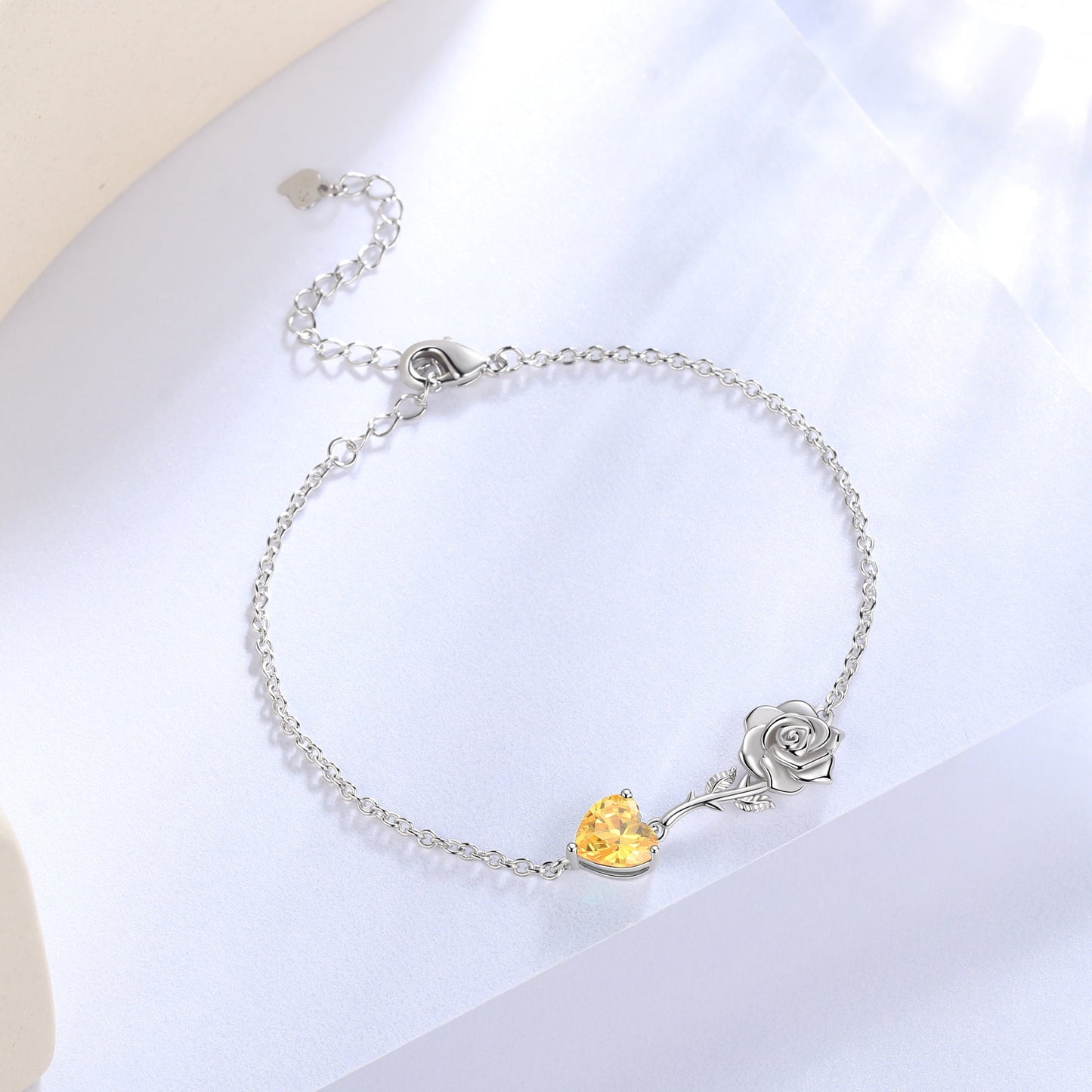 925 Sterling Silver Heart Birthstone Bracelet,Rose Flower Heart Charm Bracelet Adjustable Link Chain Jewelry Gifts for Women Mom Girls-November