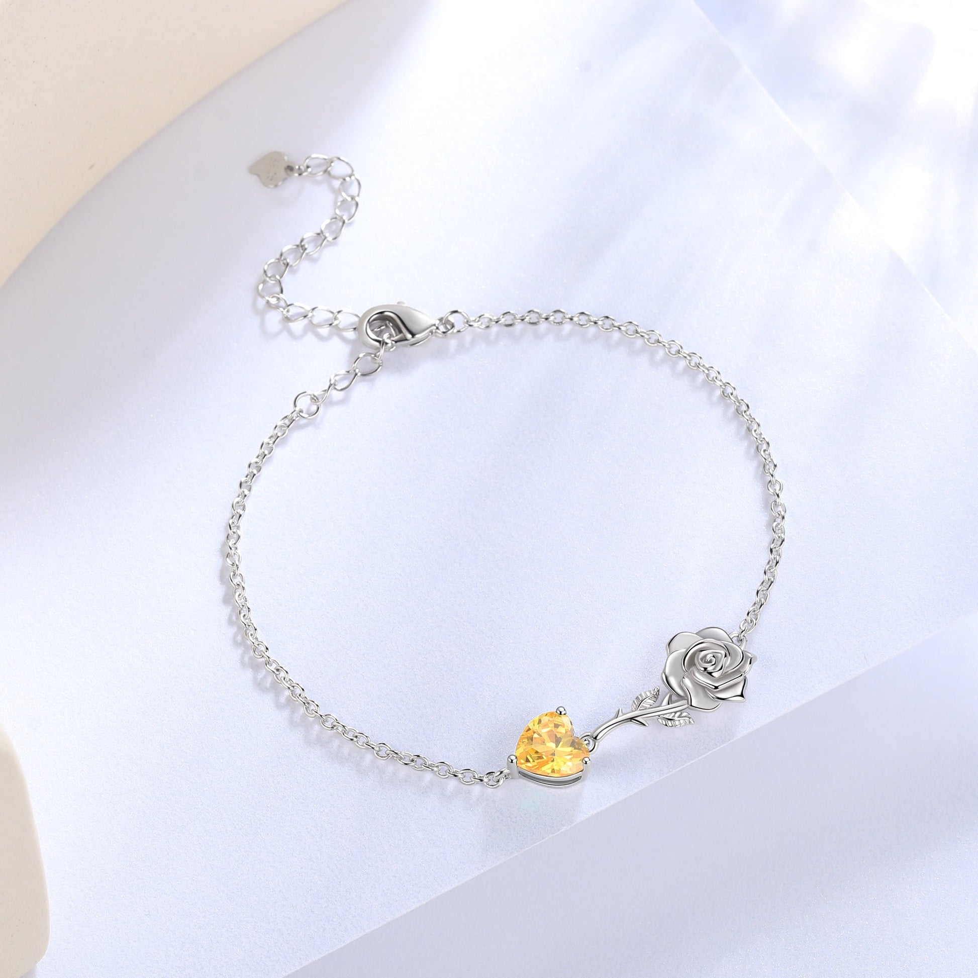 925 Sterling Silver Heart Birthstone Bracelet,Rose Flower Heart Charm Bracelet Adjustable Link Chain Jewelry Gifts for Women Mom Girls-November