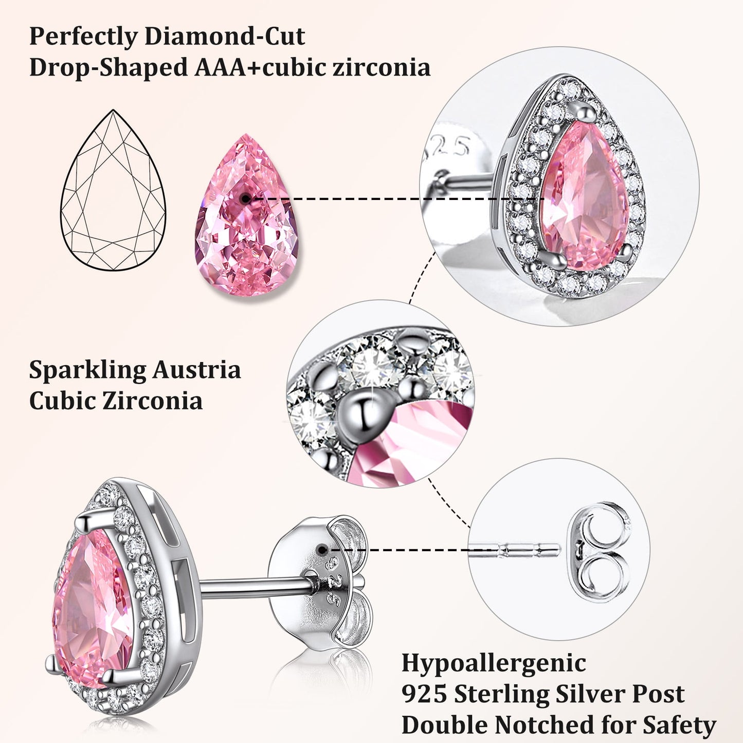 925 Sterling Silver Birthstone Stud Earrings for Women, Sparking October Teardrop Cut Diamond Earrings for Sensitive Ears