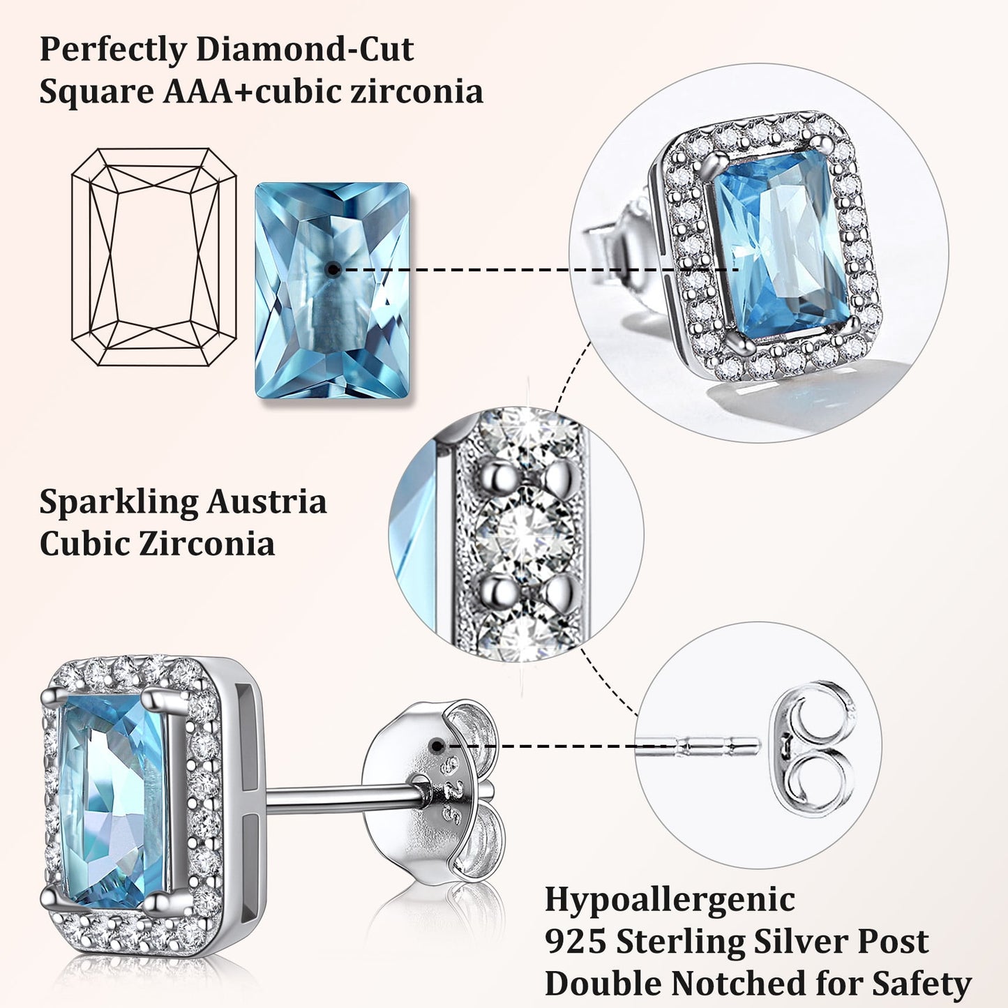 Square Diamond Stud Earrings March Aquamarine Birthstone Earrings, Sterling Silver Earrings Birthday Jewelry Gift for Women