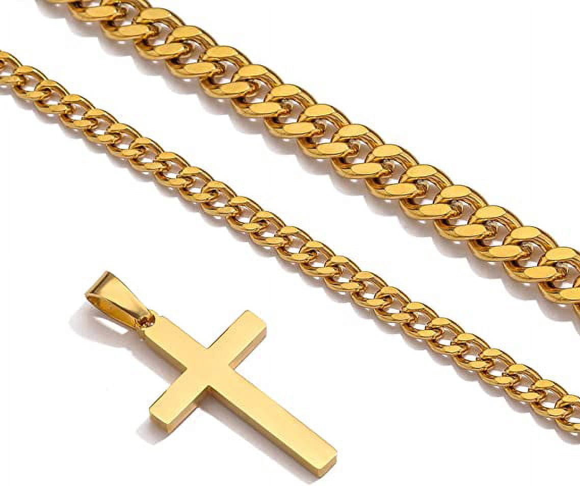 APSVO Layered Gold Plated Cross Necklaces for Men Stainless Steel Cuban Curb Link Pendant Chain Set Religious Christian Birthday Christmas Jewelry Gifts Teen Boys Stocking Stuffers Kids