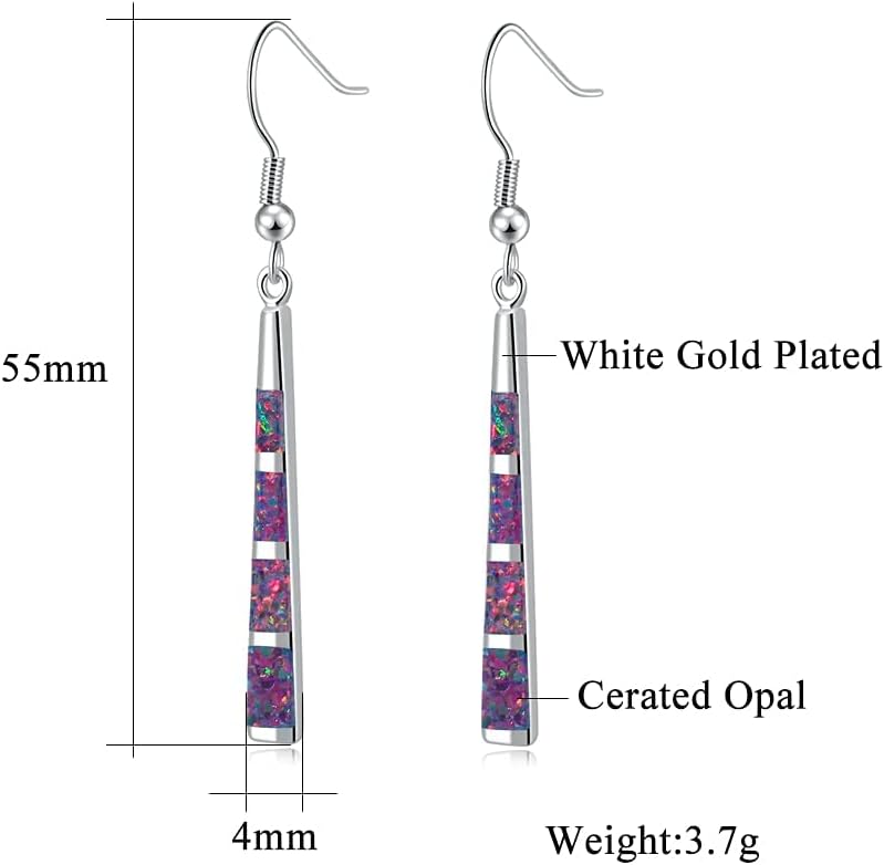 Opal Drop Earrings - Silver or Gold Plated Dangle Bar Jewelry for Women, Gems Earrings 2 1/8"