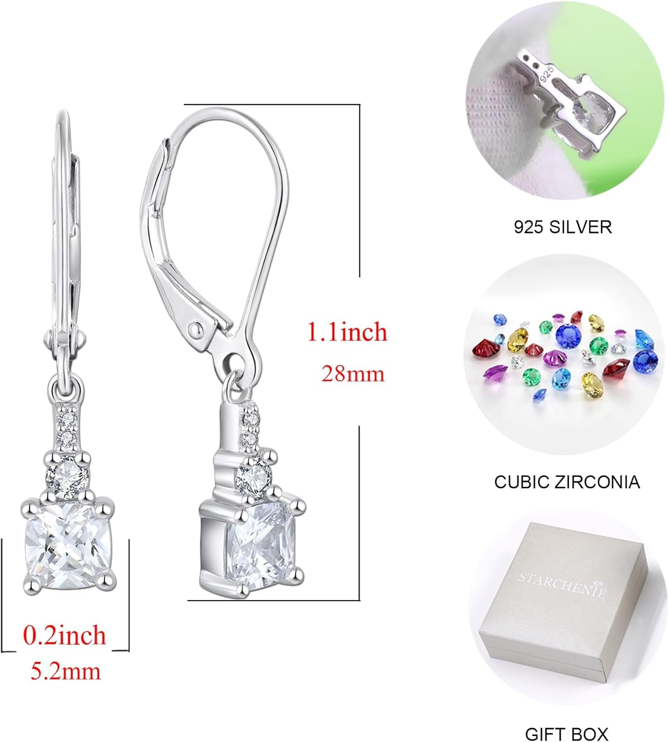 Women'S Dangle Earrings 925 Sterling Silver Princess Cut Leverback Earrings Gemstones Jewelry