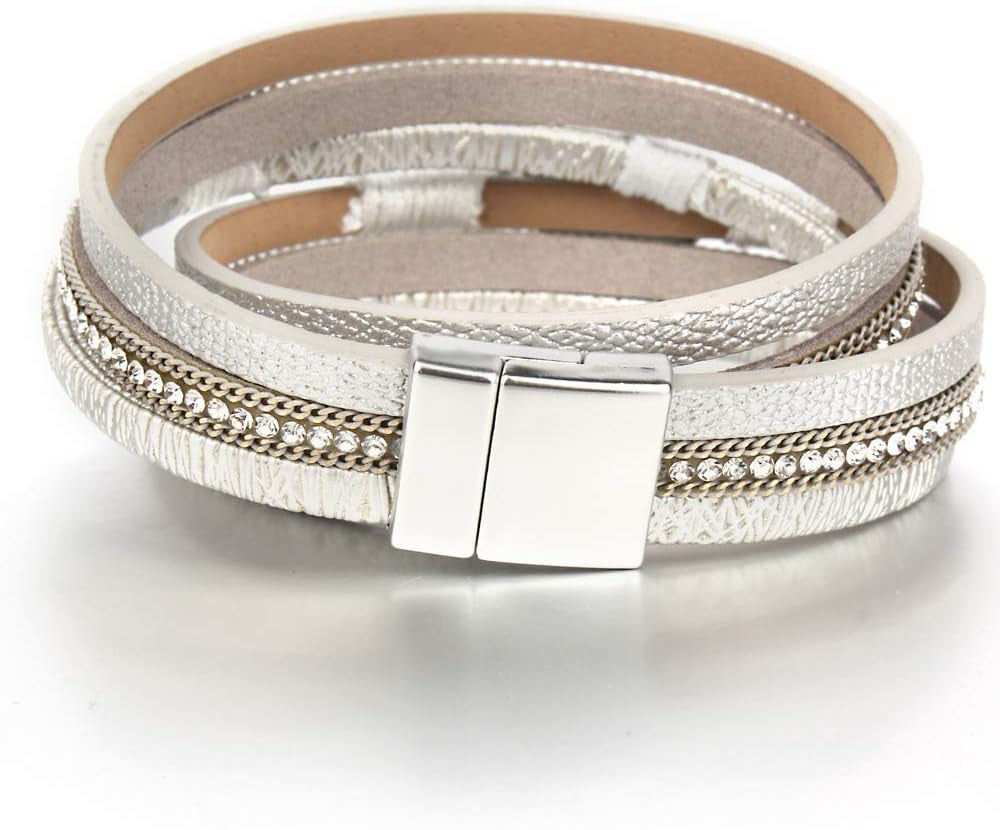 Leather Wrap Bracelet Boho Cuff Bangle Bracelets Crystal Bead Bracelet with Magnetic Clasp Jewelry Gifts for Women