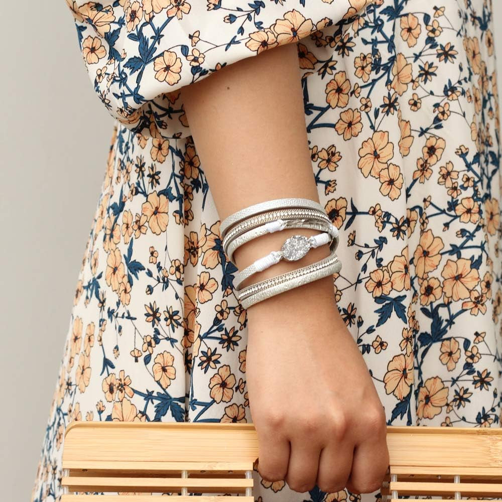Leather Wrap Bracelet Boho Cuff Bangle Bracelets Crystal Bead Bracelet with Magnetic Clasp Jewelry Gifts for Women