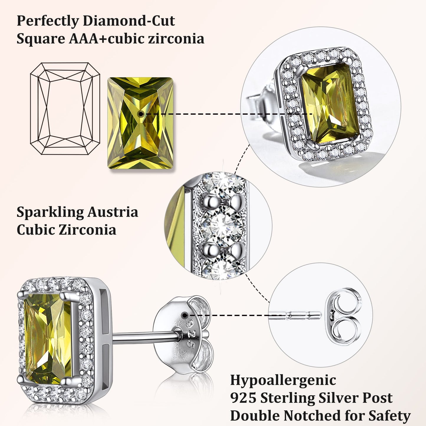 Square Diamond Stud Earrings August Peridot Birthstone Earrings, Sterling Silver Earrings Birthday Jewelry Gift for Women