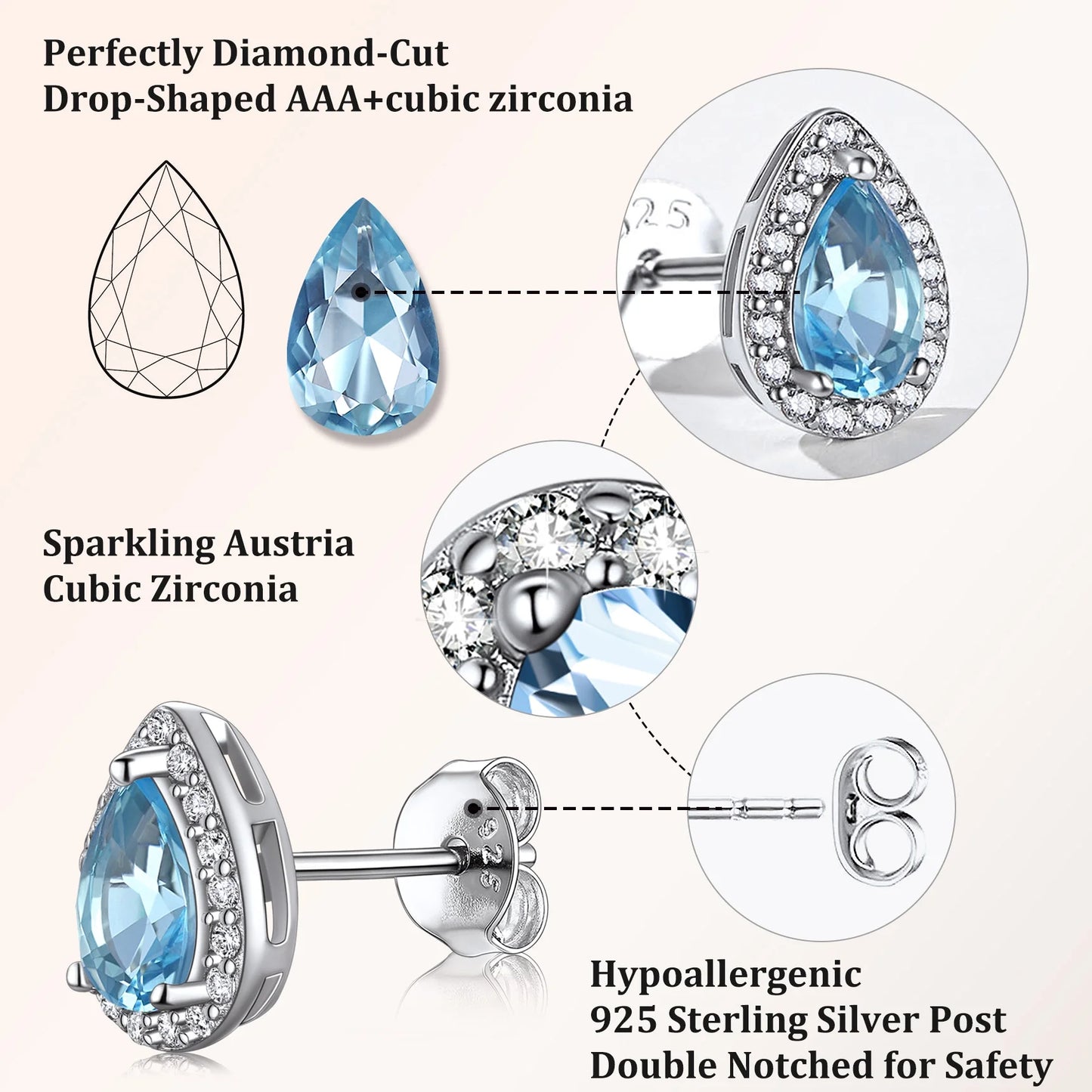 925 Sterling Silver Birthstone Stud Earrings for Women, Sparking March Teardrop Cut Diamond Earrings for Sensitive Ears