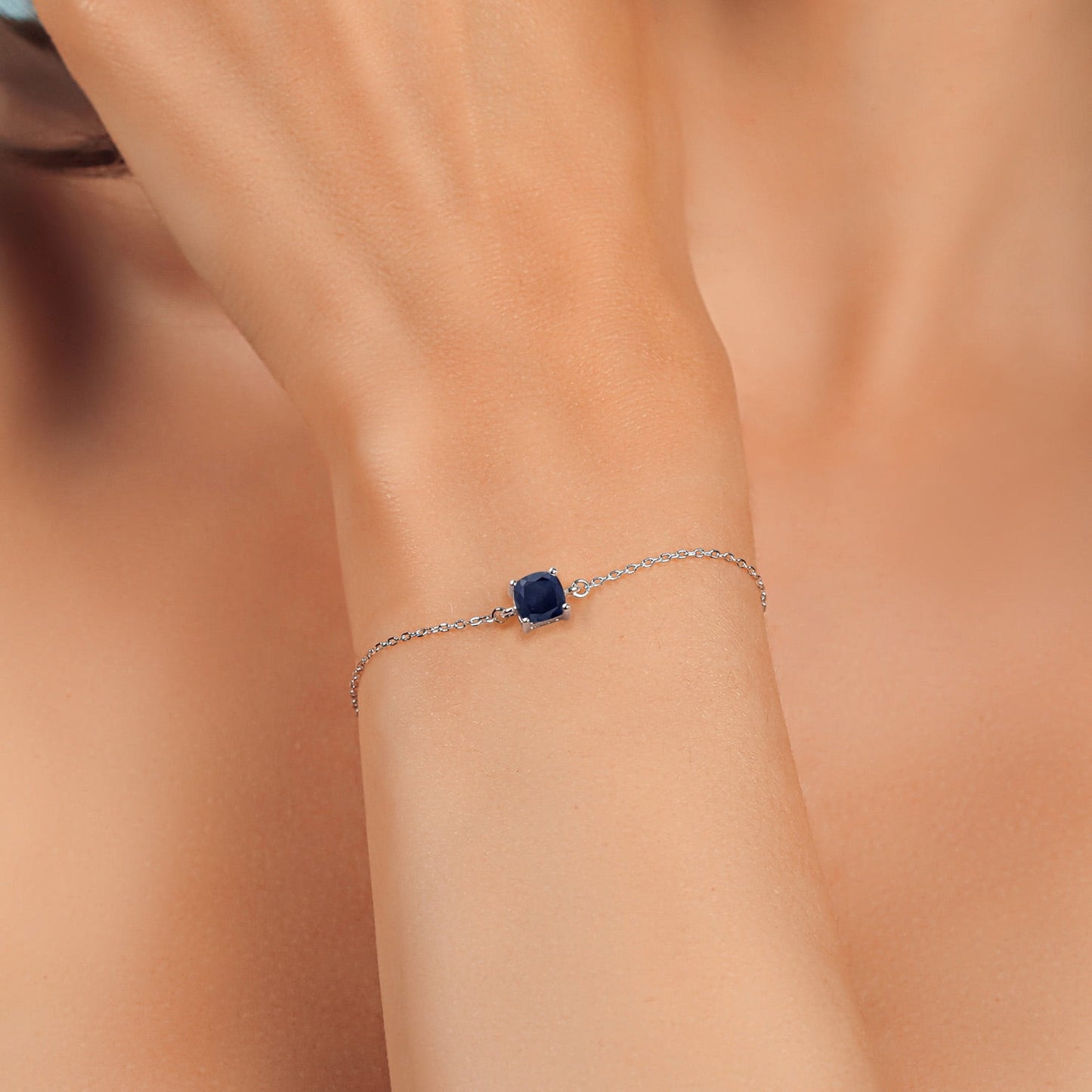 925 Sterling Silver Blue Sapphire Solitaire Bracelet for Women | 1.30 Cttw | Cushion 6MM | Gemstone September Birthstone | Fully Adjustable up to 9 Inch