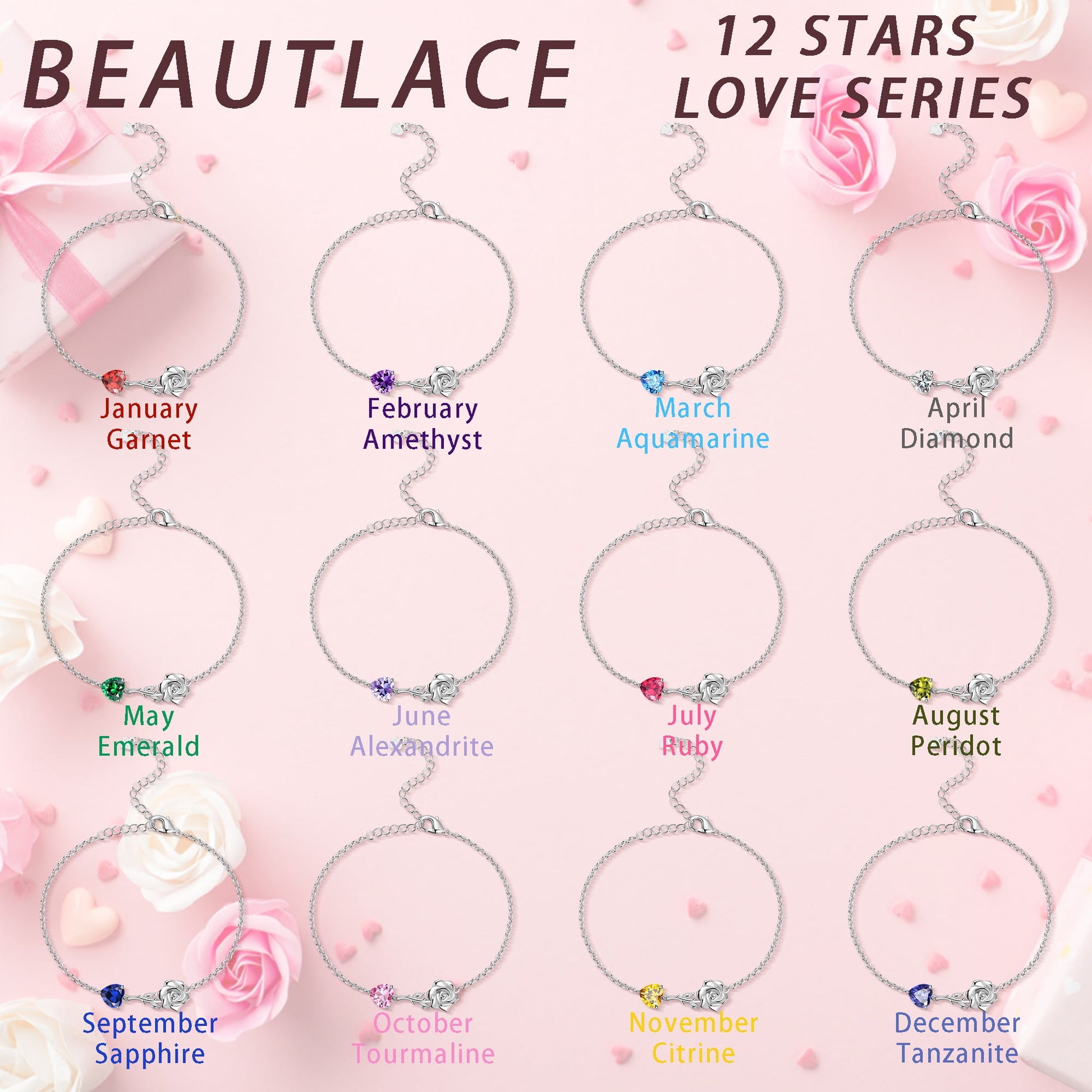 925 Sterling Silver Heart Birthstone Bracelet,Rose Flower Heart Charm Bracelet Adjustable Link Chain Jewelry Gifts for Women Mom Girls-November