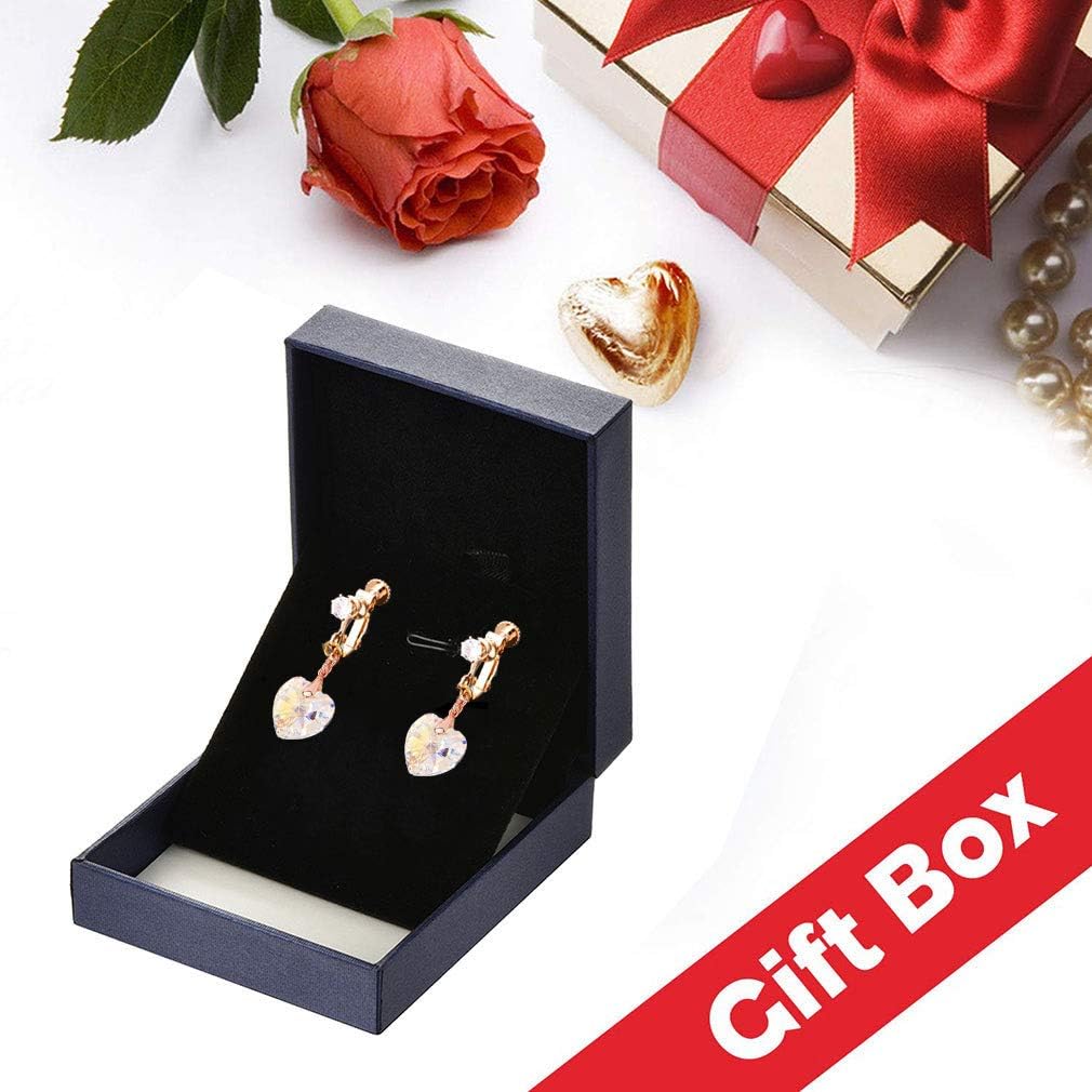 Austrian Crystal Heart Drop Clip on Dangle Earrings for Women Non Pierced 14K Rose Gold Plated Hypoallergenic Jewelry