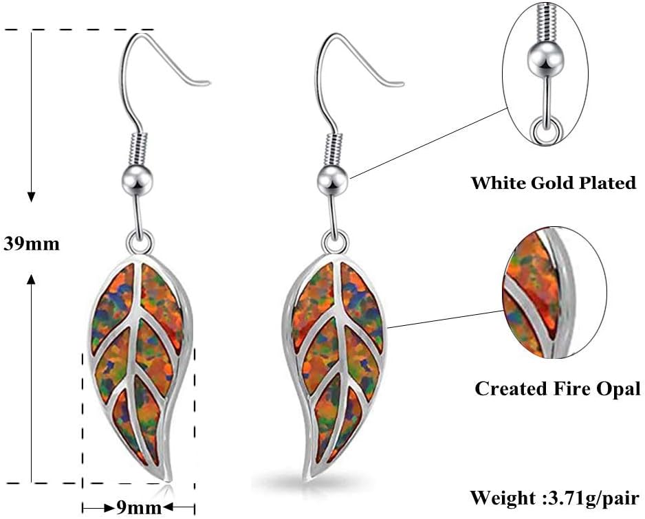 18K White Gold Plated Leaf Opal Dangle Drop Earrings for Women Teen Girls Hypoallergenic Opal Jewelry Gift