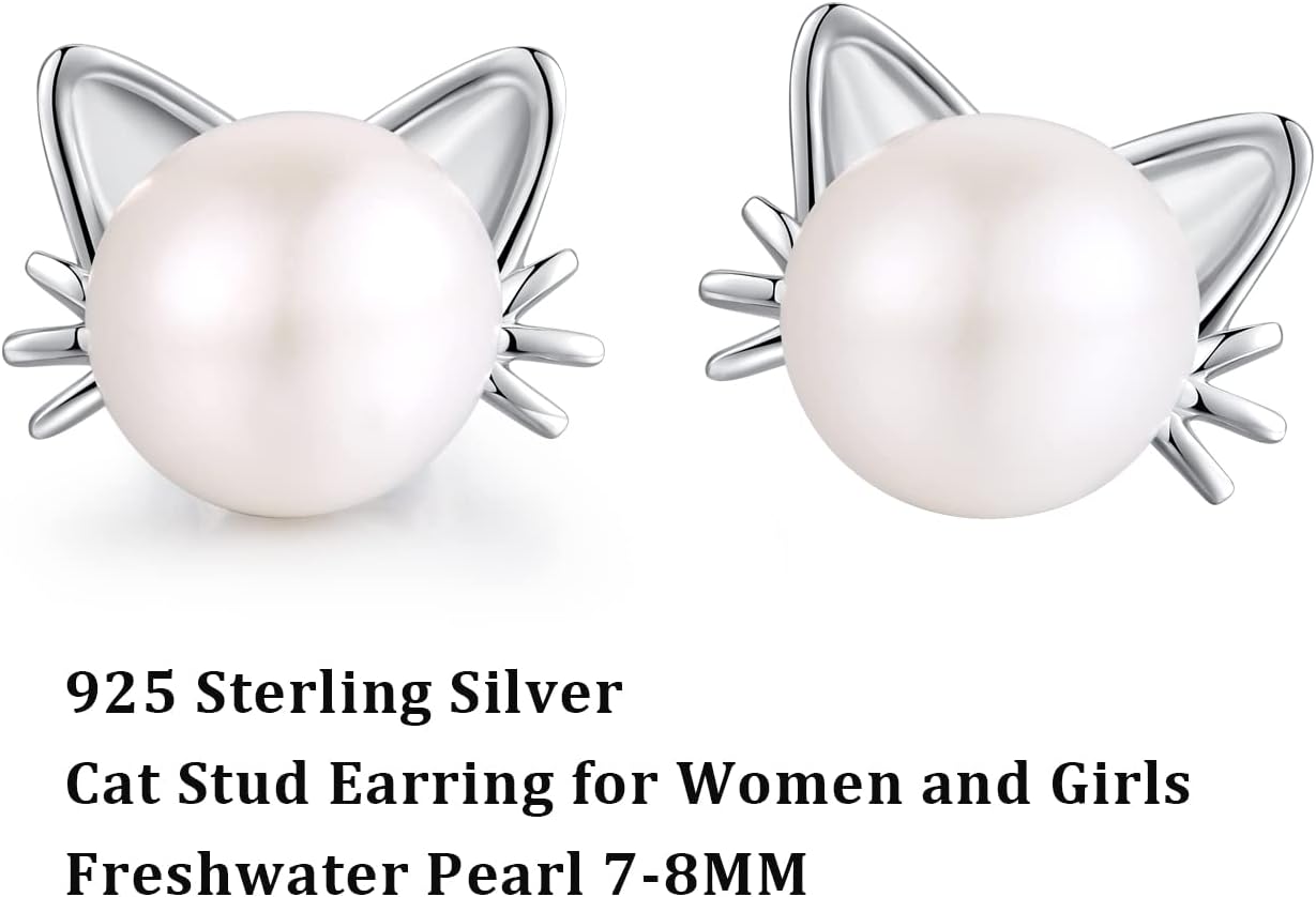 Cute Cat Pearl Earrings-925 Sterling Silver Cat Pearl Stud Earrings with Freshwater Pearl 7.5MM, Cat Lover Jewelry Gift
