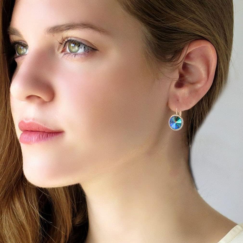 Round Austrian Crystal Halo Drop Leverback Earrings for Women 14K Gold Plated Hypoallergenic Earrings