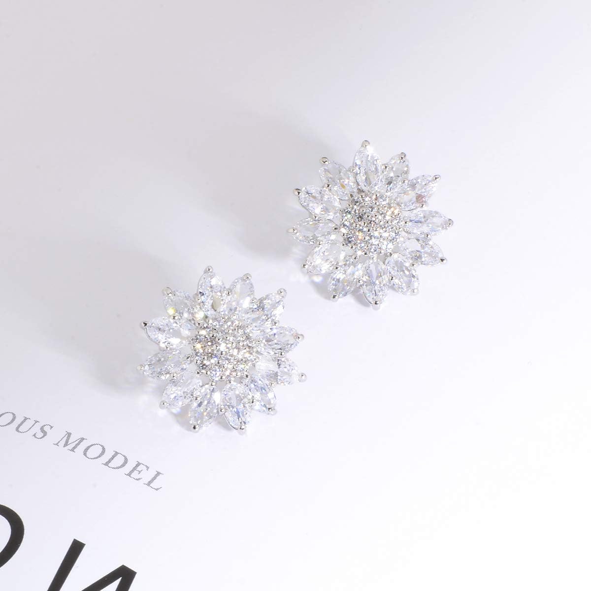 Crystal Flower Burst Stud Earirings - Big Sterling Silver CZ Cubic Zirconia Rhinestone Daisy Sunflower Floral Cluster Studs Bridal Wedding Party Prom Costume Jewelry for Bride Bridesmaids Women Birthstone Birthday Gift