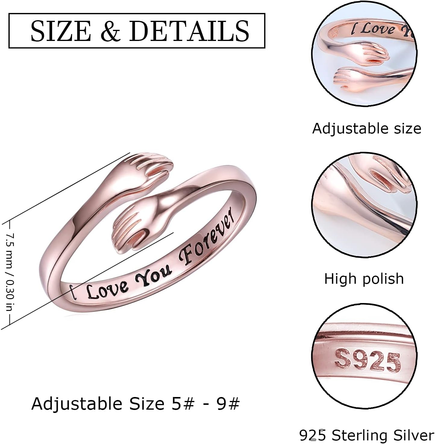 Sterling Silver Adjustable Hug Ring - White Gold/Rose Gold Plated Couple Hugging Band for Women Men'S Wedding - Turquoise Hand Jewelry for Her