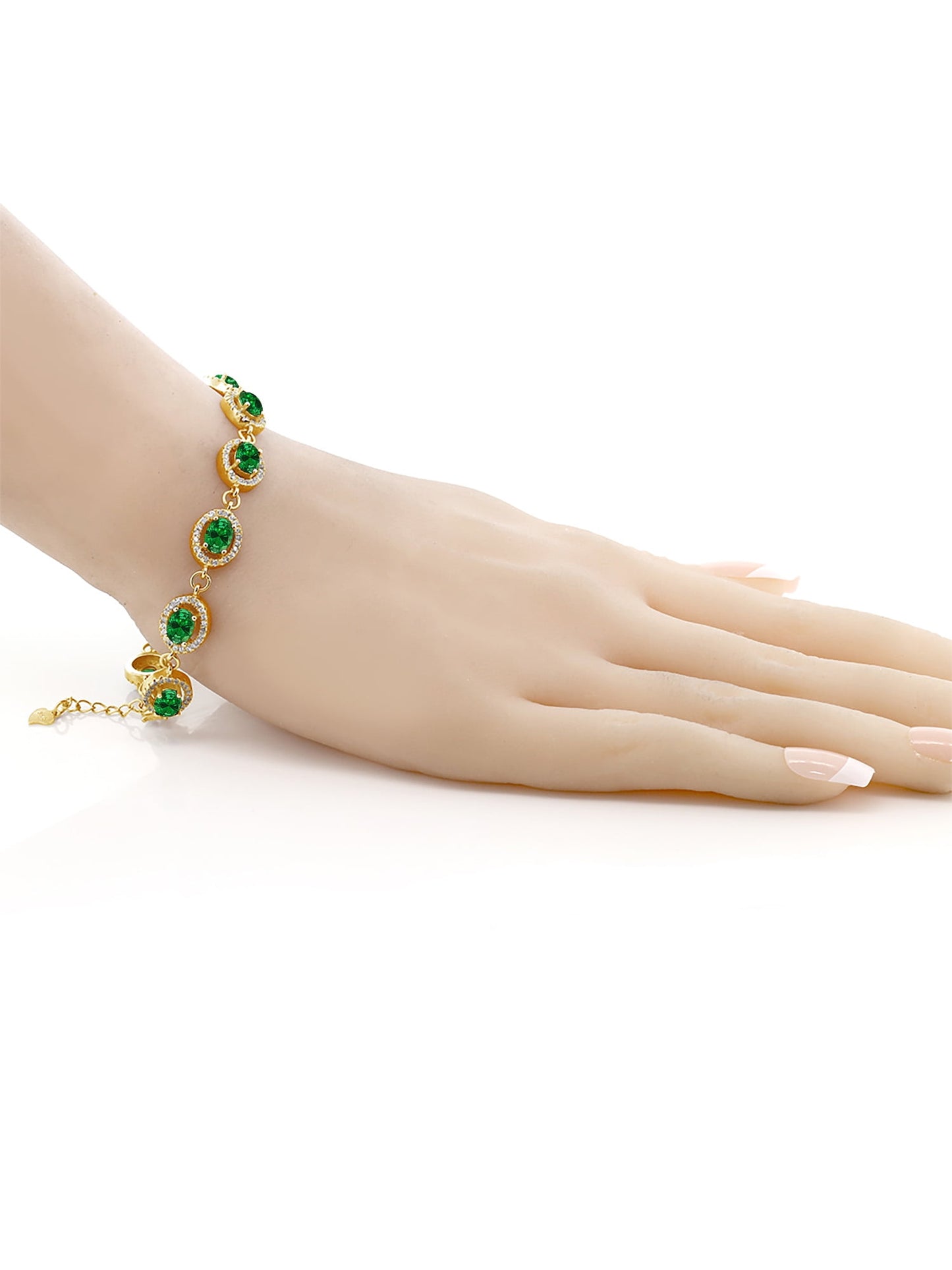 18K Yellow Gold Plated Silver Green Simulated Emerald Tennis Bracelet for Women (15.28 Cttw, Gemstone Birthstone, Oval 7X5MM, 7.5 Inch)