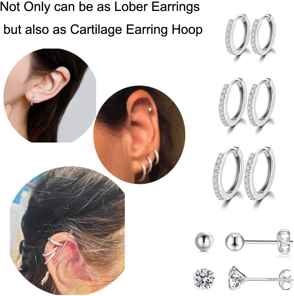 Silver Hoop Earrings for Women, 925 Sterling Silver Huggie Hinged Earrings with AAA Cubic Zirconia, Diameter 13Mm Hypoallergenic Small Sleeper Hoop, 8/10/12/13MM