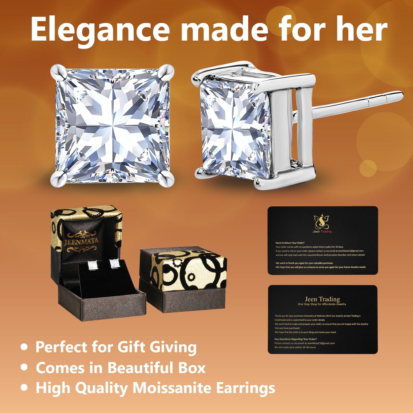 2 Carat Princess Cut Moissanite 4 Prong Solitaire Stud Earrings in 18K White Gold Plating for Women