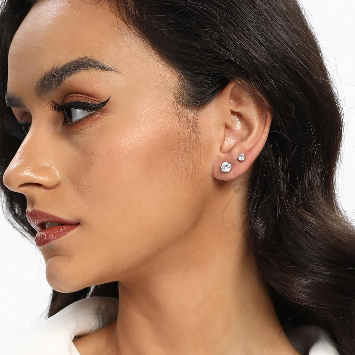 18K White Gold Plated round Cubic Zirconia Stud Earrings Pack, 6 Pairs