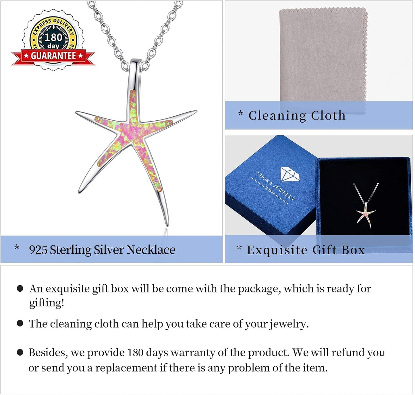 Starfish Necklace, 925 Sterling Silver with Opal, Hawaiian Beach Nautical Ocean Pendant, Starfish Jewelry Opal Jewelry Valentine for Women Girlfriend