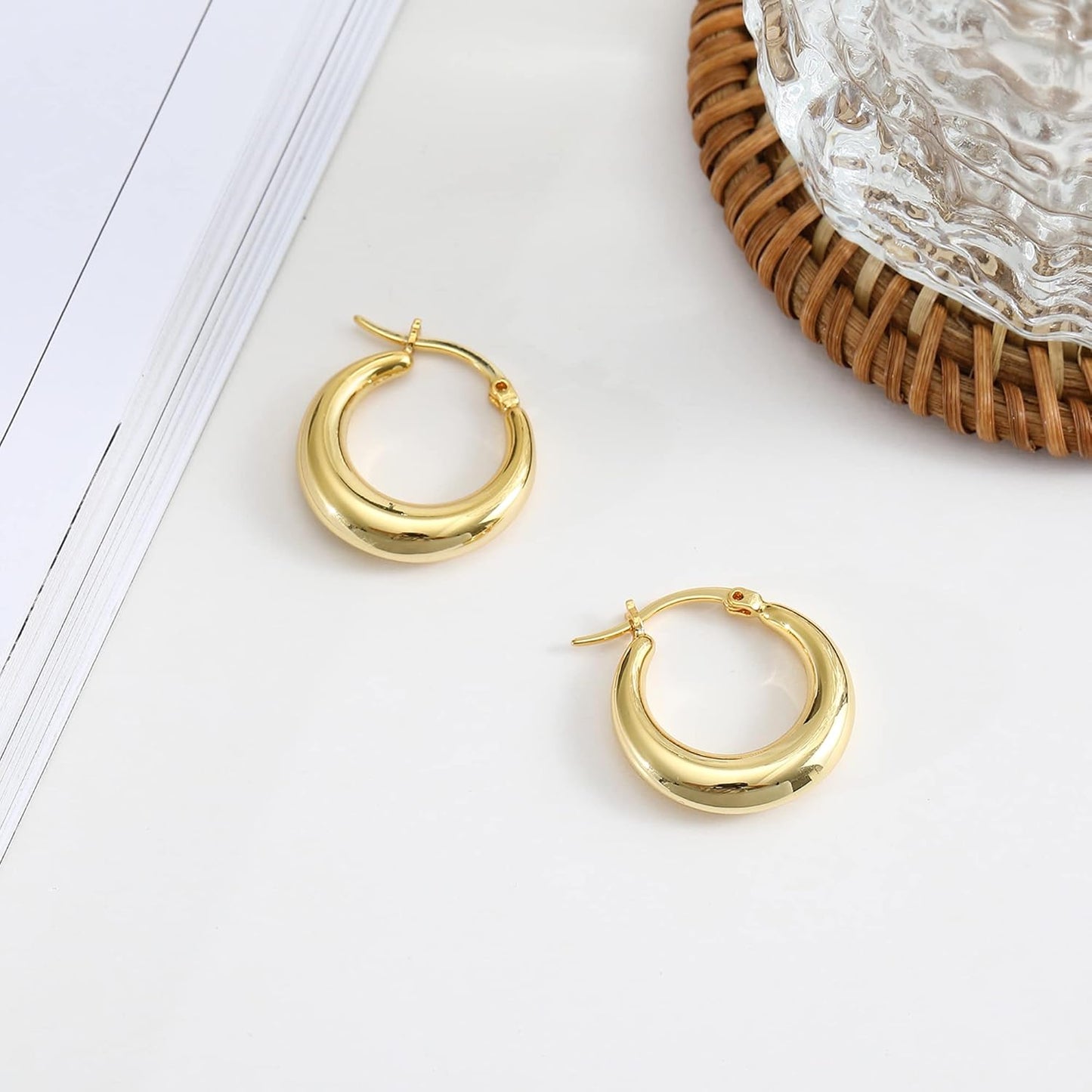 Chunky Gold Hoop Earrings for Women 14K Gold Plated Stainless Steel Thick Hoop Earrings Dainty Cute Hypoallergenic Earrings Minimalist Jewelry