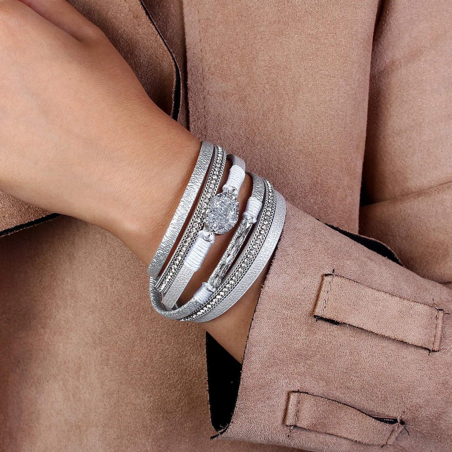 Leather Wrap Bracelet Boho Cuff Bangle Bracelets Crystal Bead Bracelet with Magnetic Clasp Jewelry Gifts for Women