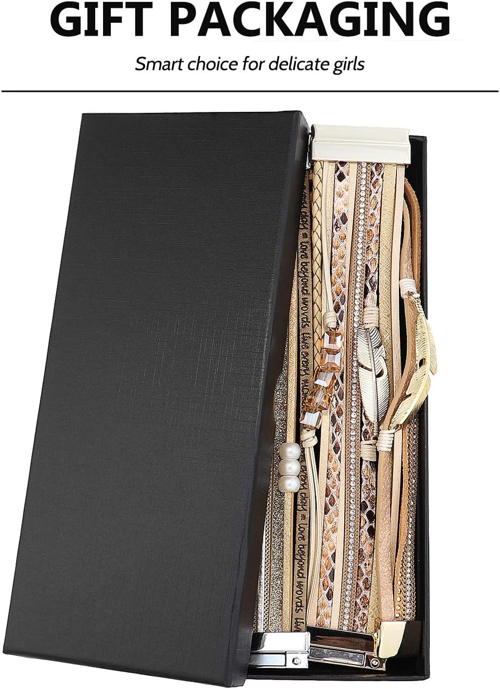 Wowanoo 3Pack Leather Cuff Bracelet Set Multilayer Wrap Bracelet Crystal Feather Tree Bracelet Magnetic Clasp Bracelet for Women