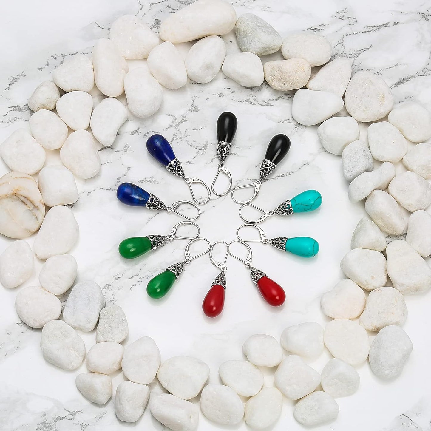 Boho Western Style Green Blue Black Purple Gemstone Long Elongated Teardrop Filigree Lever Back Dangle Earrings for Women .925 Sterling Silver More Birthstones