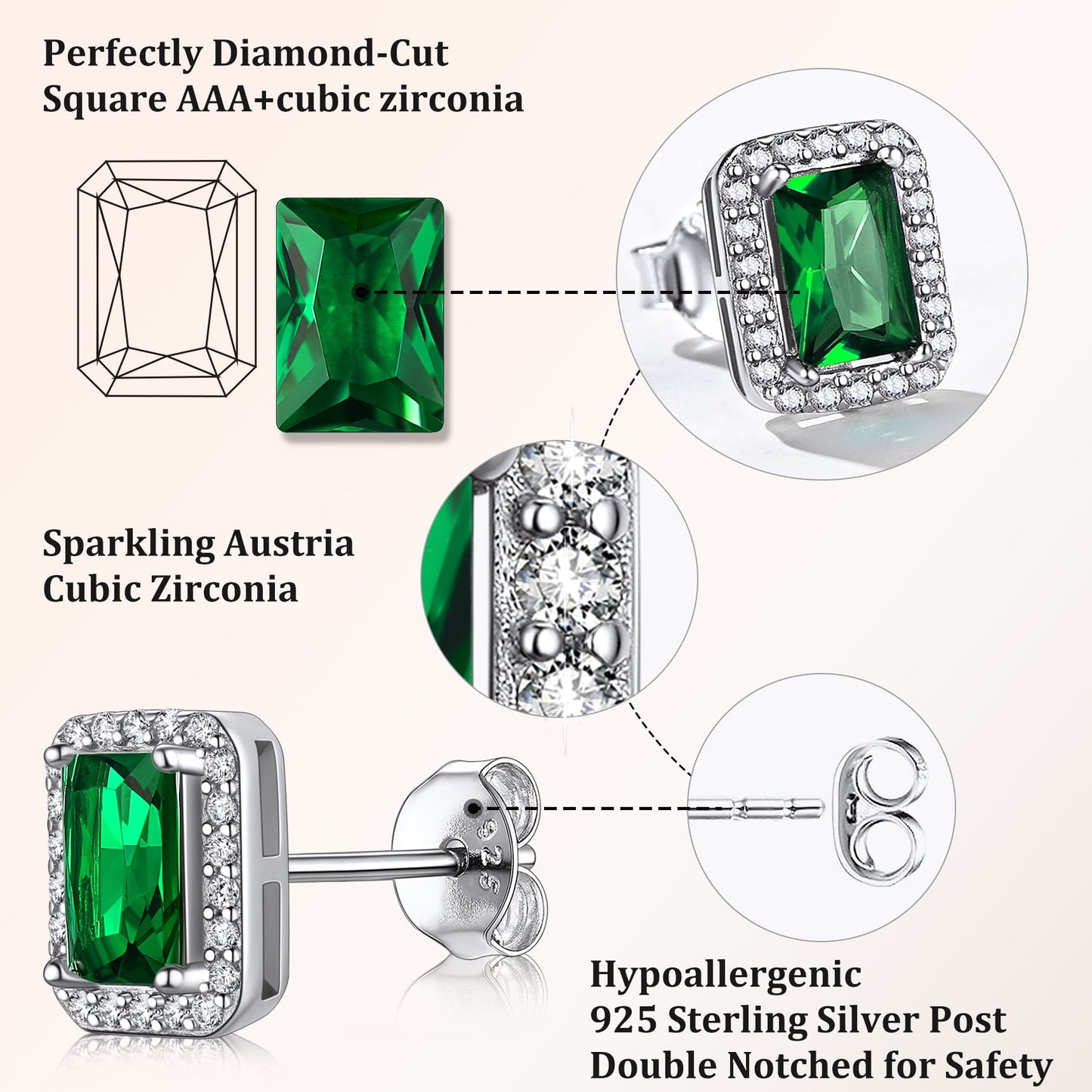 Square Diamond Stud Earrings May Emerald Birthstone Earrings, Sterling Silver Earrings Birthday Jewelry Gift for Women