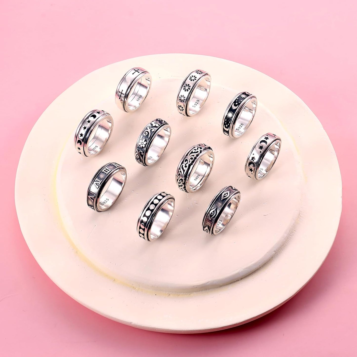 925 Sterling Silver Anxiety Ring for Women Men Platinum Plated Sterling Silver Band Fidget Ring Cross Flower Moon Star Spinner Ring Stress Anxiety Relief Item