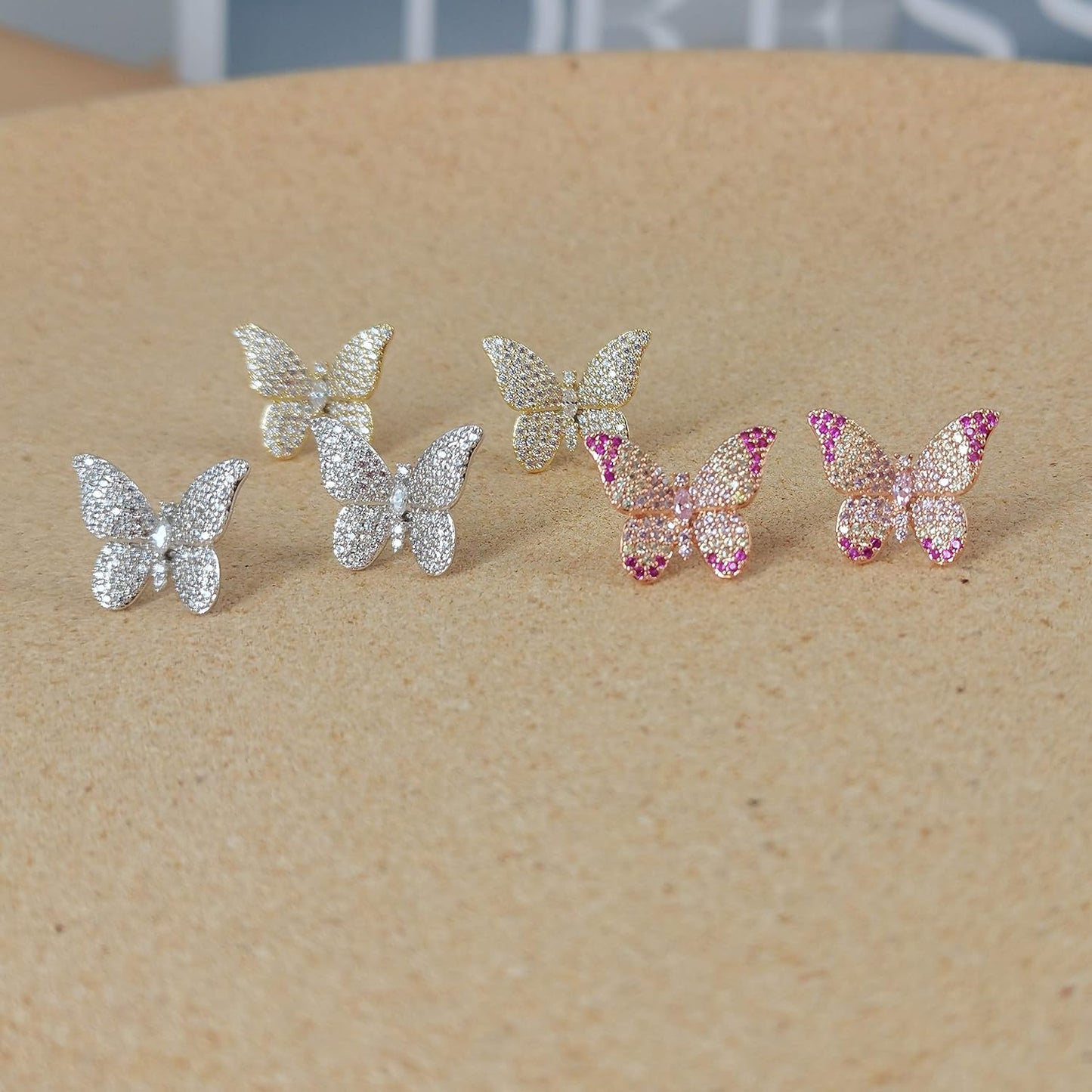 ANN BABIC CZ Butterfly Stud Earrings for Women - Cubic Zirconia Paved Butterfly Earrings - Butterfly Earrings Plated in Gold