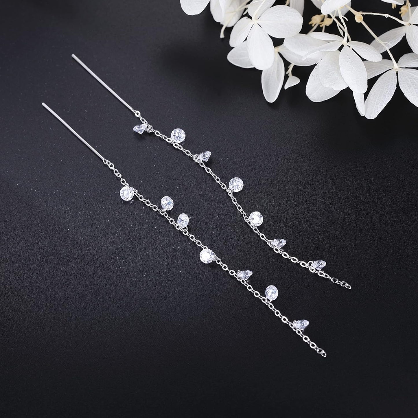 925 Sterling Silver Sparkling CZ Droplet Dangle Earrings for Women Teens Elegant Wedding Dangling Earrings Threader Tassel