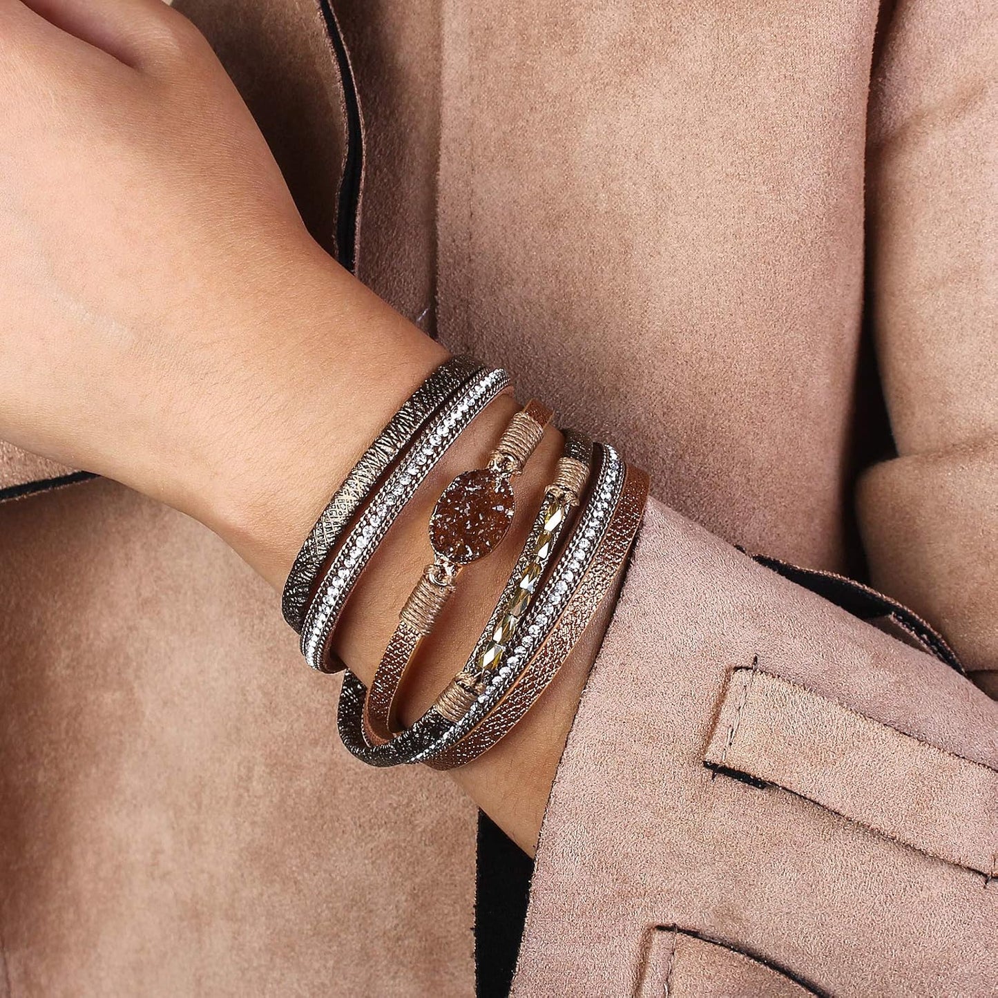 Leather Wrap Bracelet Boho Cuff Bangle Bracelets Crystal Bead Bracelet with Magnetic Clasp Jewelry Gifts for Women
