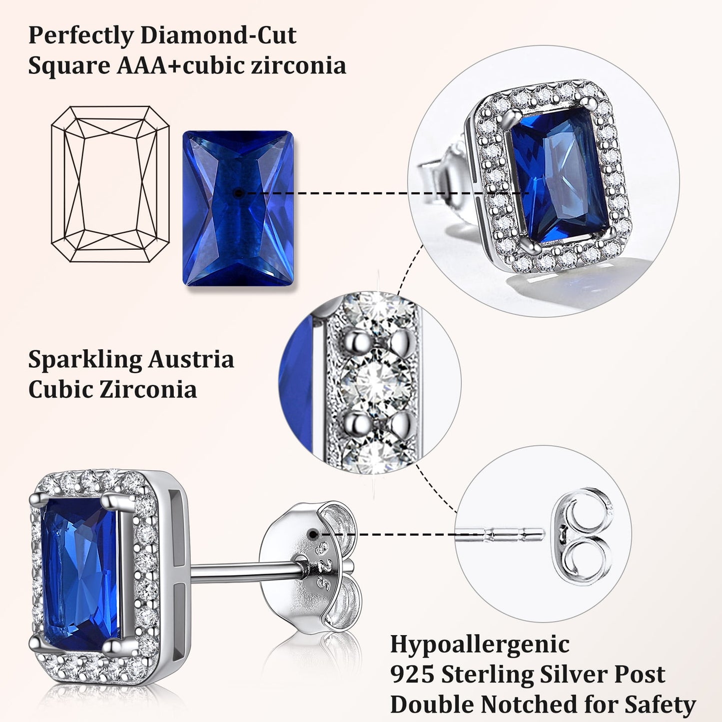 Square Diamond Stud Earrings September Sapphire Birthstone Earrings, Sterling Silver Earrings Birthday Jewelry Gift for Women