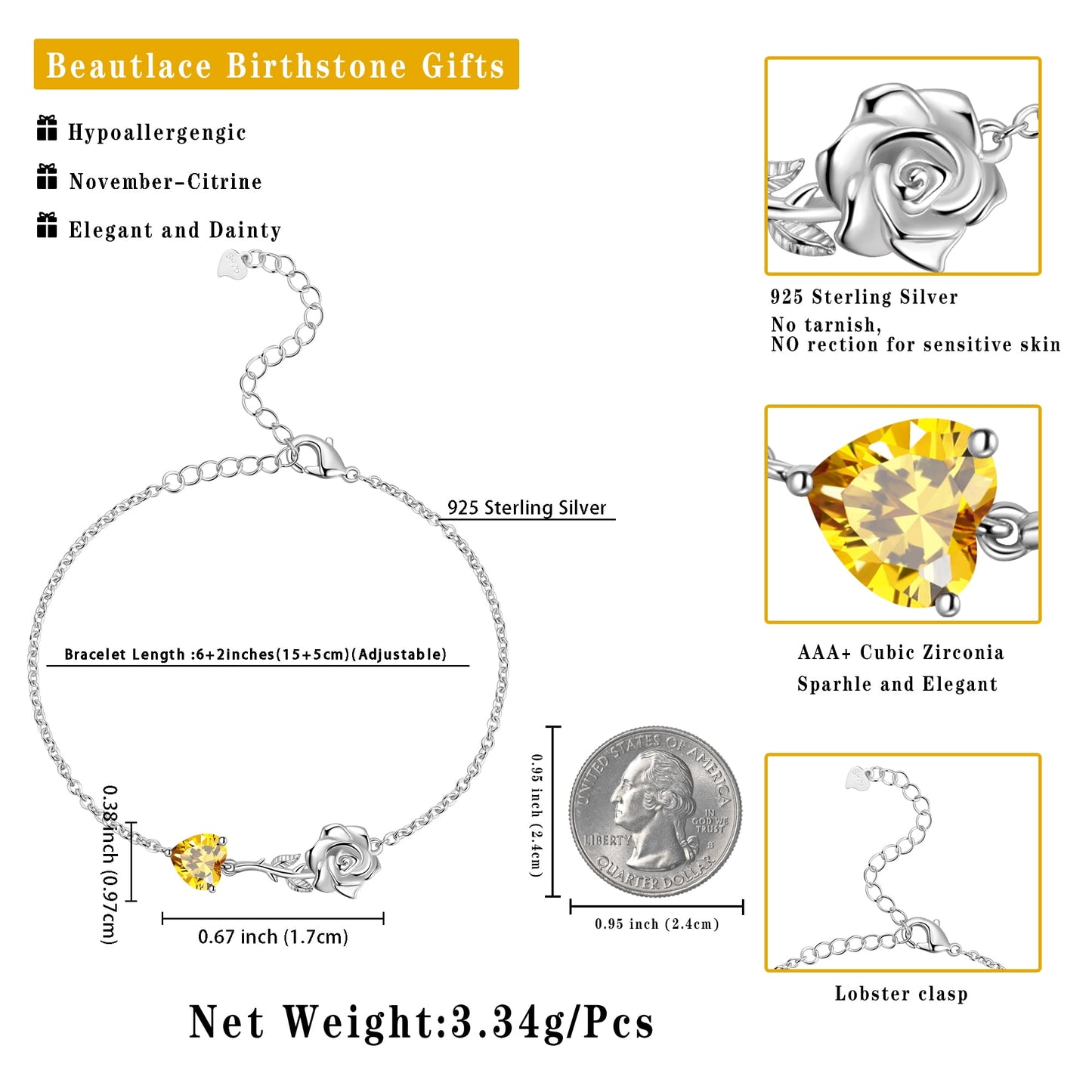 925 Sterling Silver Heart Birthstone Bracelet,Rose Flower Heart Charm Bracelet Adjustable Link Chain Jewelry Gifts for Women Mom Girls-November