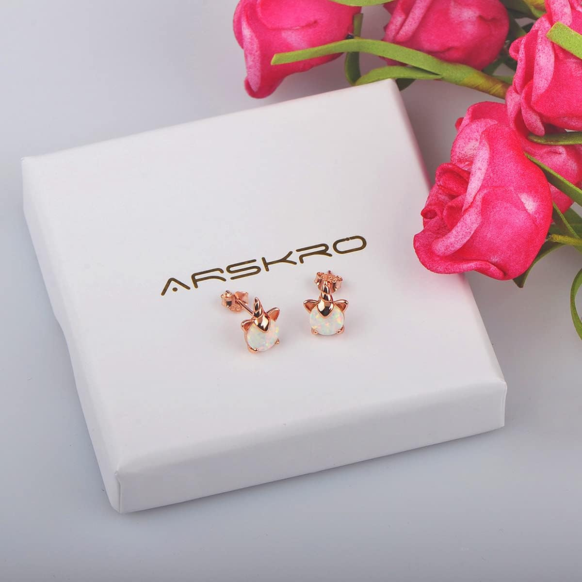 Unicorn Earrings for Girls, Hypoallergenic Fire Opal Stud Earrings S925 Sterling Silver with Gold Mini Tiny Cute Earring Jewelry Gifts for Kids Women