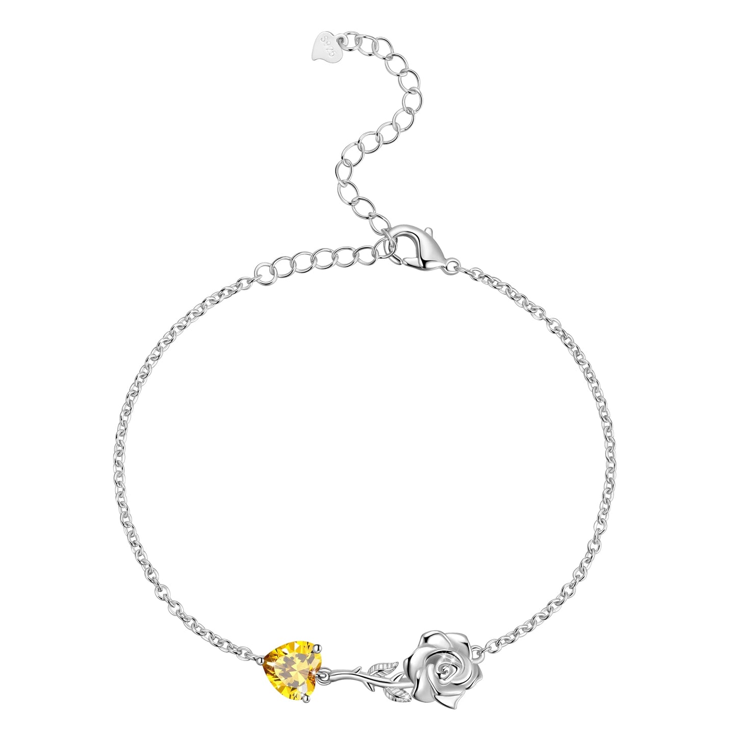 925 Sterling Silver Heart Birthstone Bracelet,Rose Flower Heart Charm Bracelet Adjustable Link Chain Jewelry Gifts for Women Mom Girls-November