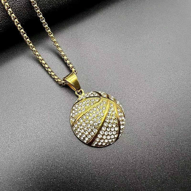Gold-Tone Iced-Out Basketball Pendant Necklace with Cuban Chain