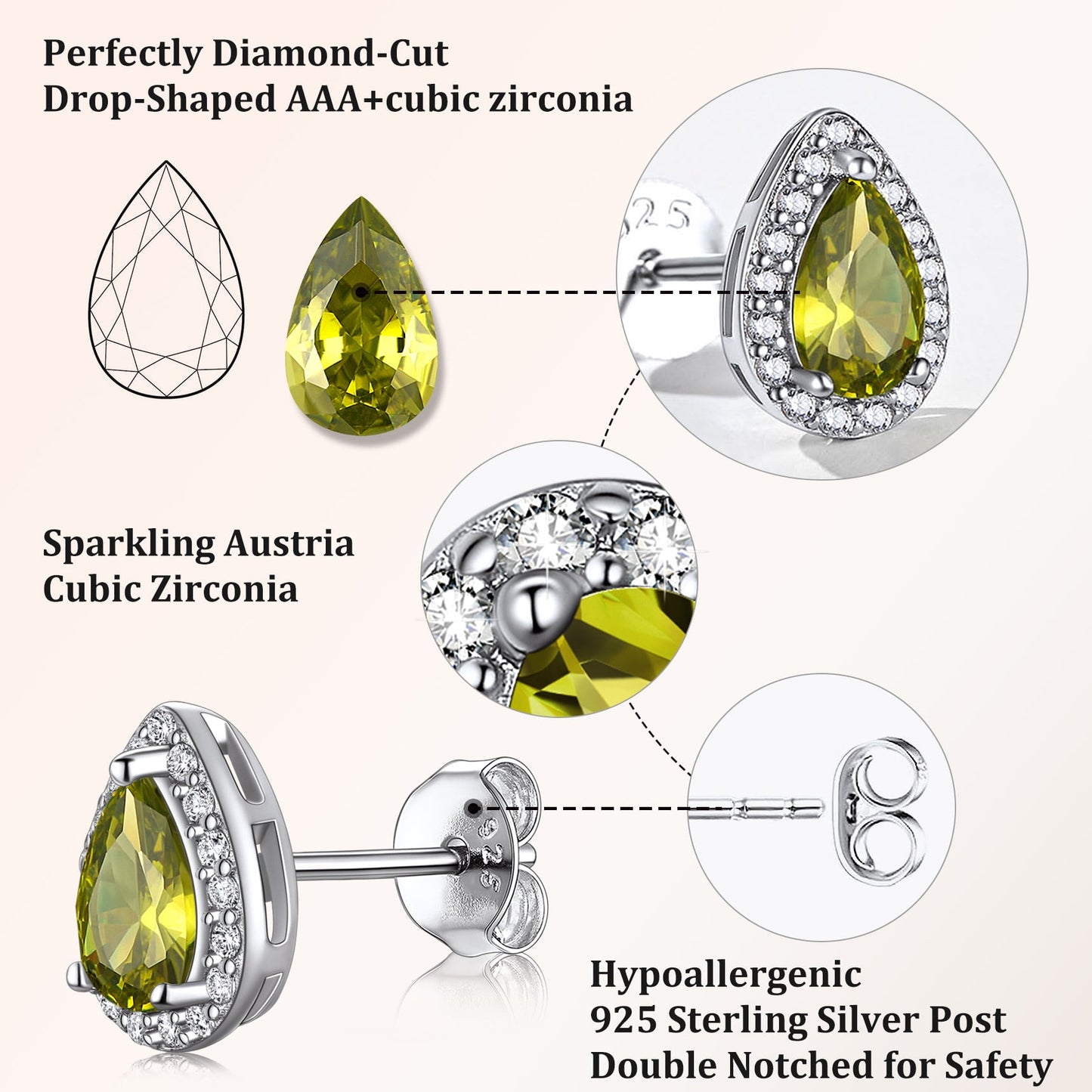 925 Sterling Silver Birthstone Stud Earrings for Women, Sparking August Teardrop Cut Diamond Earrings for Sensitive Ears