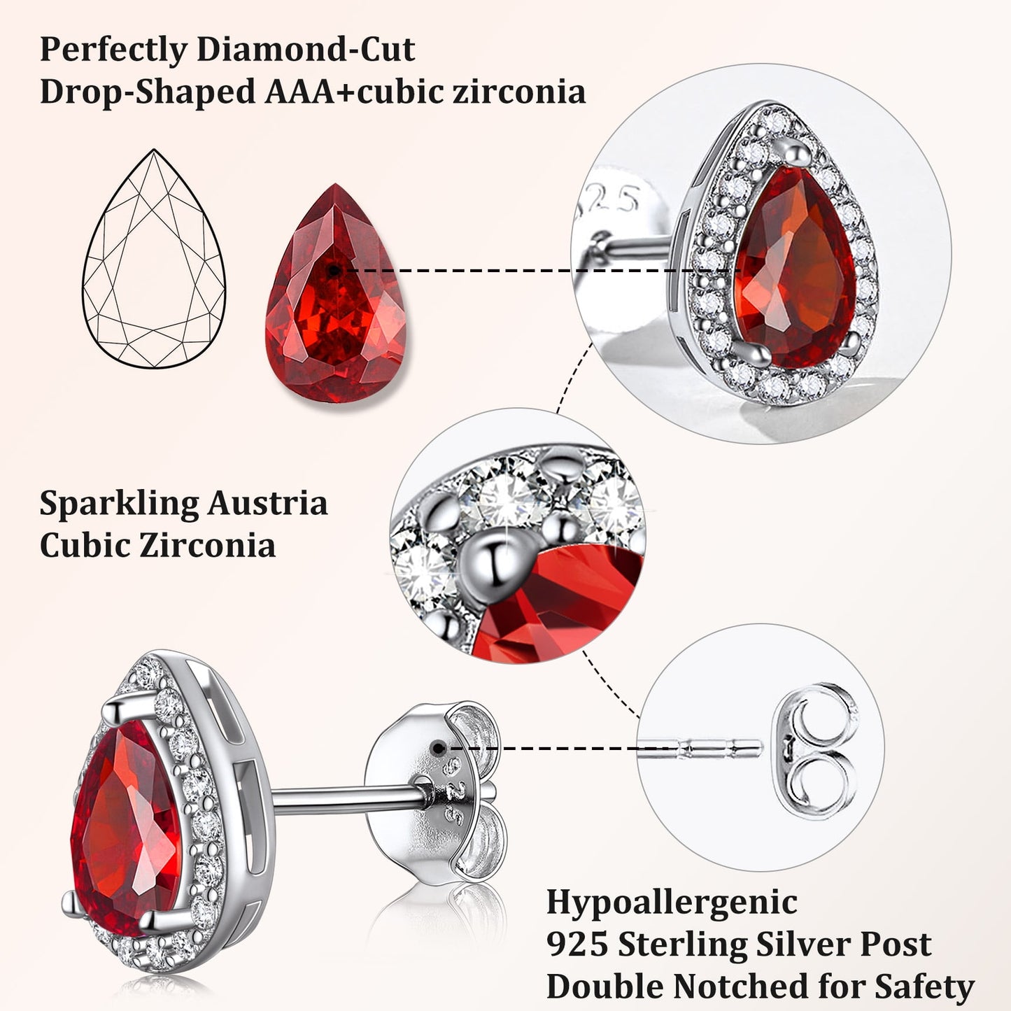 925 Sterling Silver Birthstone Stud Earrings for Women, Sparking July Teardrop Cut Diamond Earrings for Sensitive Ears