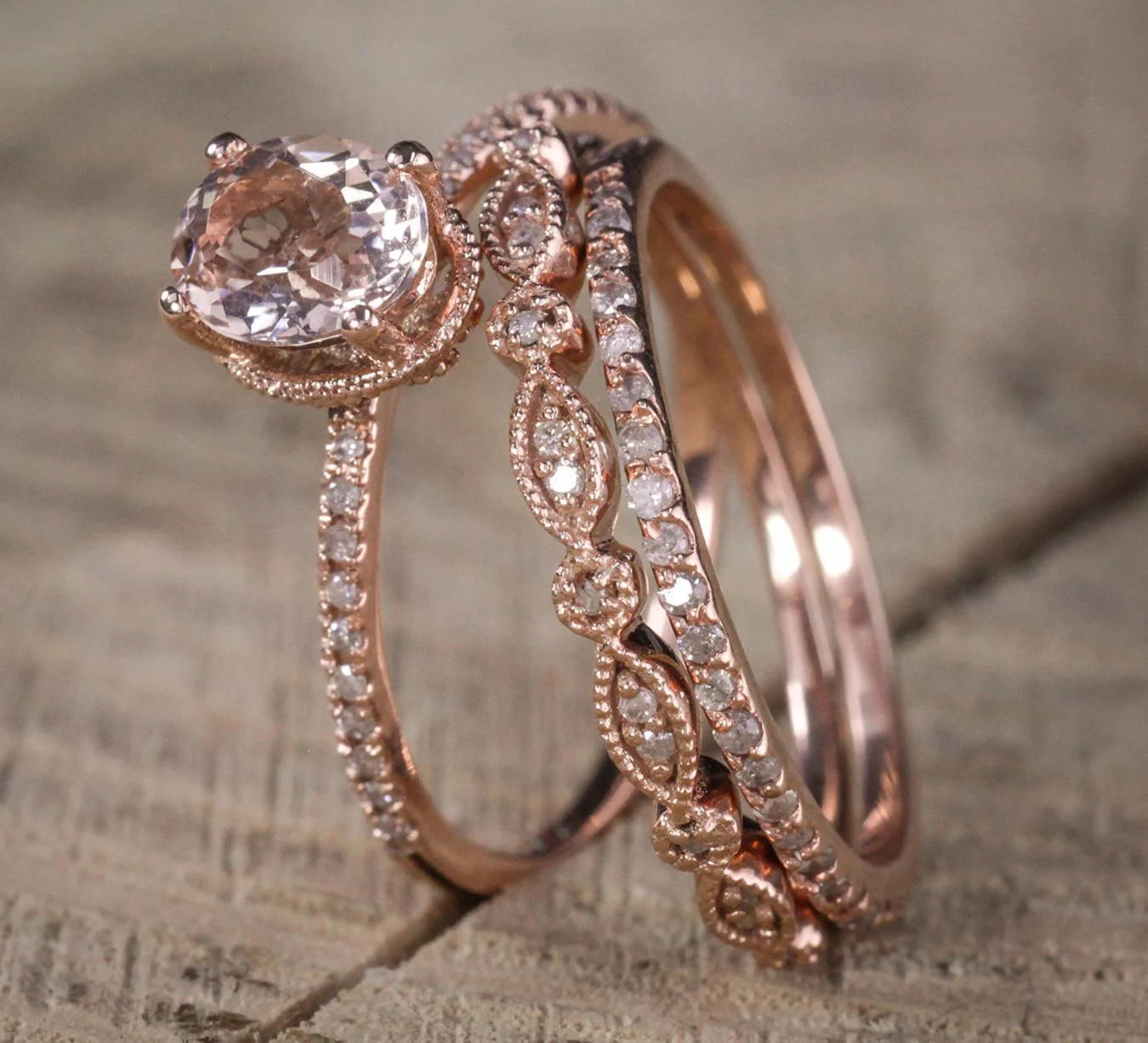 Sale 2 Carat Antique Milgrain Oval Shape Morganite & Diamond Trio Ring Set in 10K Rose Gold with One Halo Engagement Ring 2 Wedding Bands